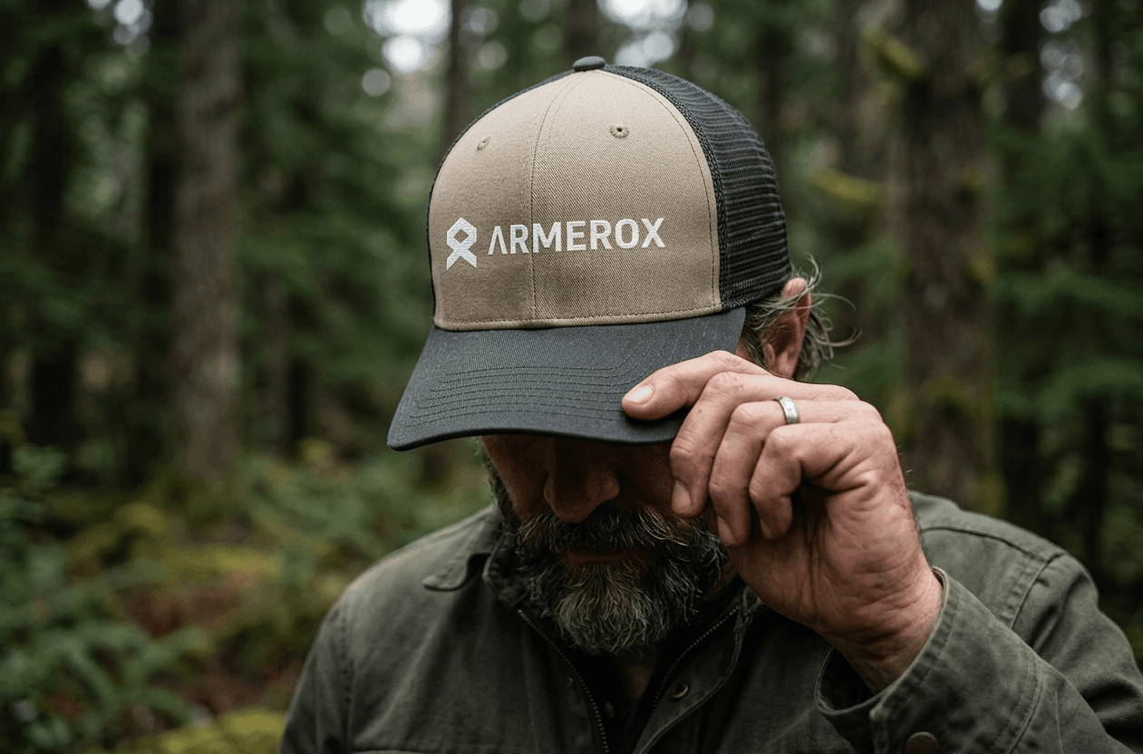 Bearded man outdoors with a trucker hat with the Armerox logo