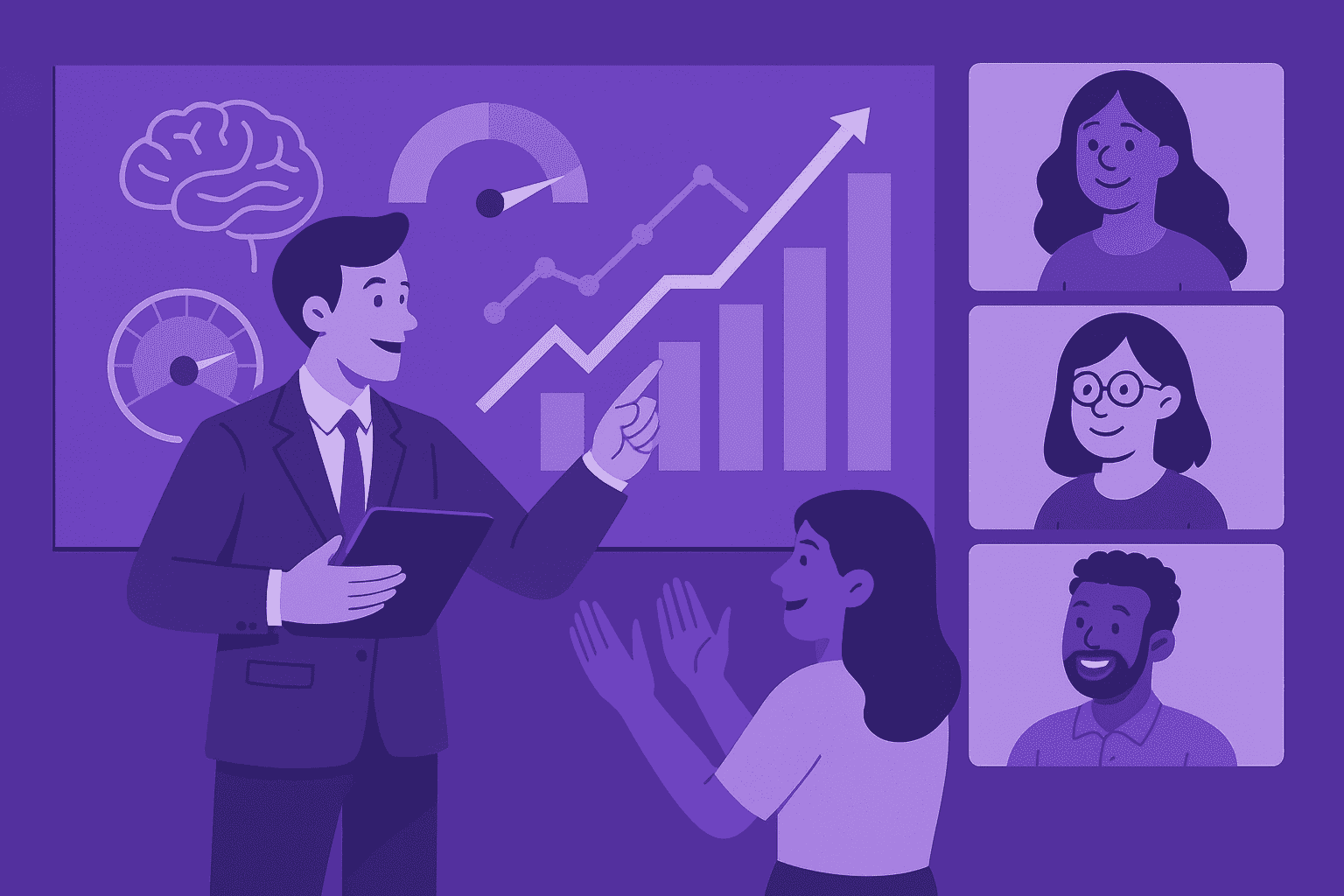 Flat-style digital illustration showing a business leader presenting productivity data with upward graphs to a remote team, symbolizing collaboration and data-driven performance improvement.