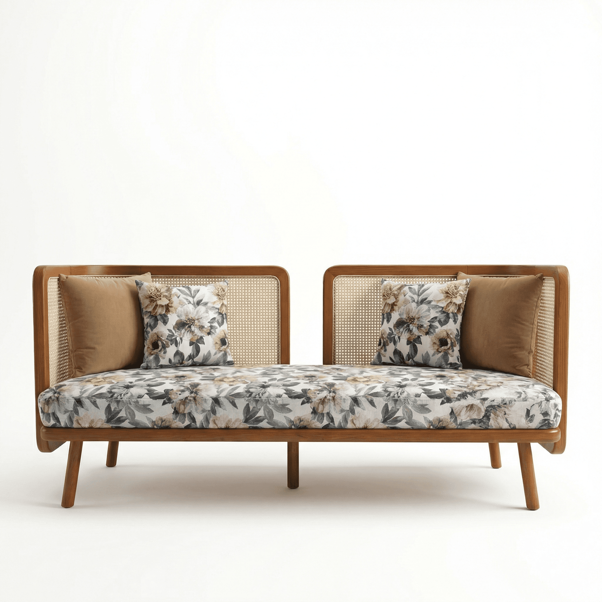 Cane-backed wooden seating with floral cushion upholstery