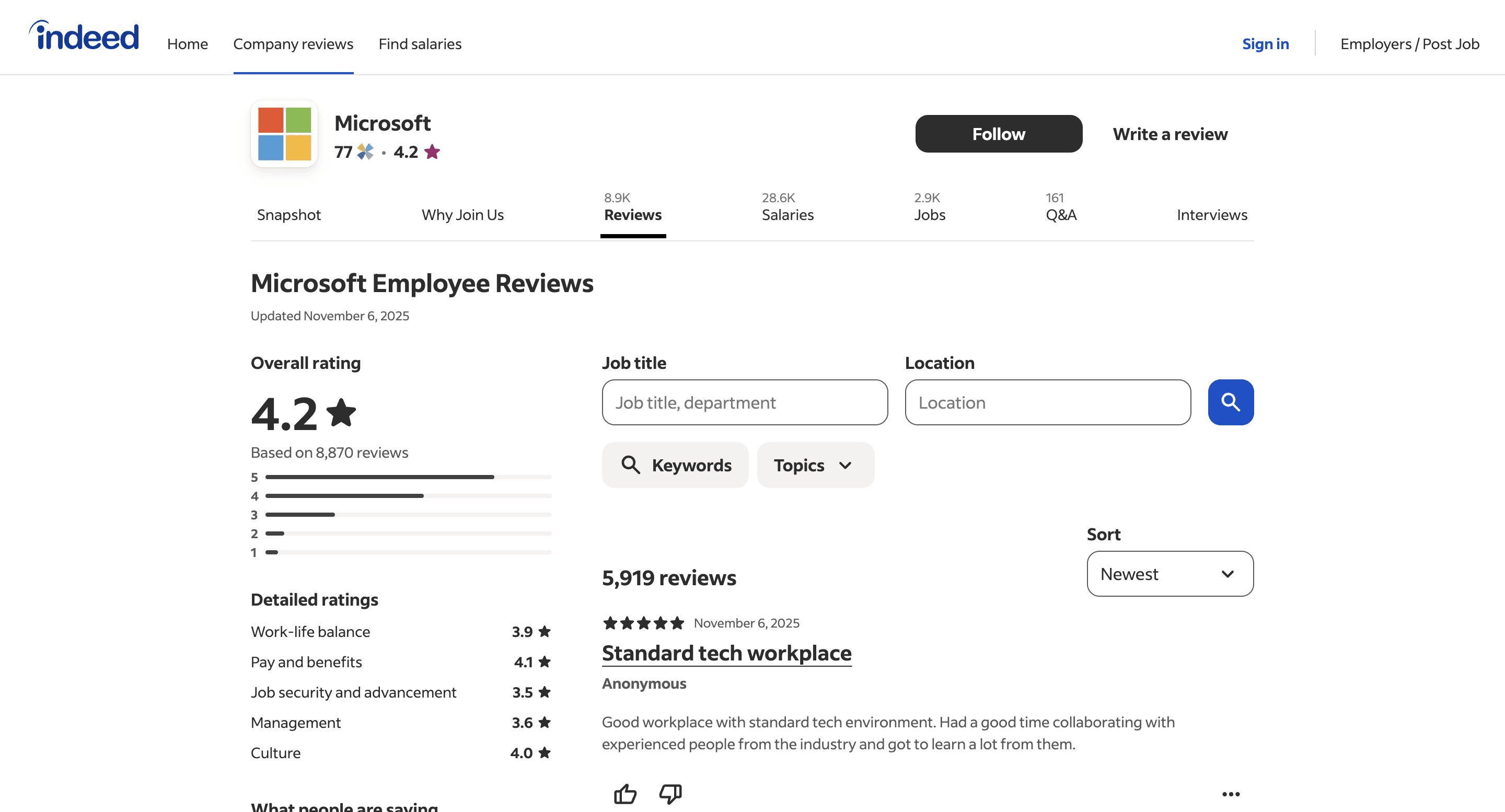 Company reviews of Microsoft.com from Indeed website