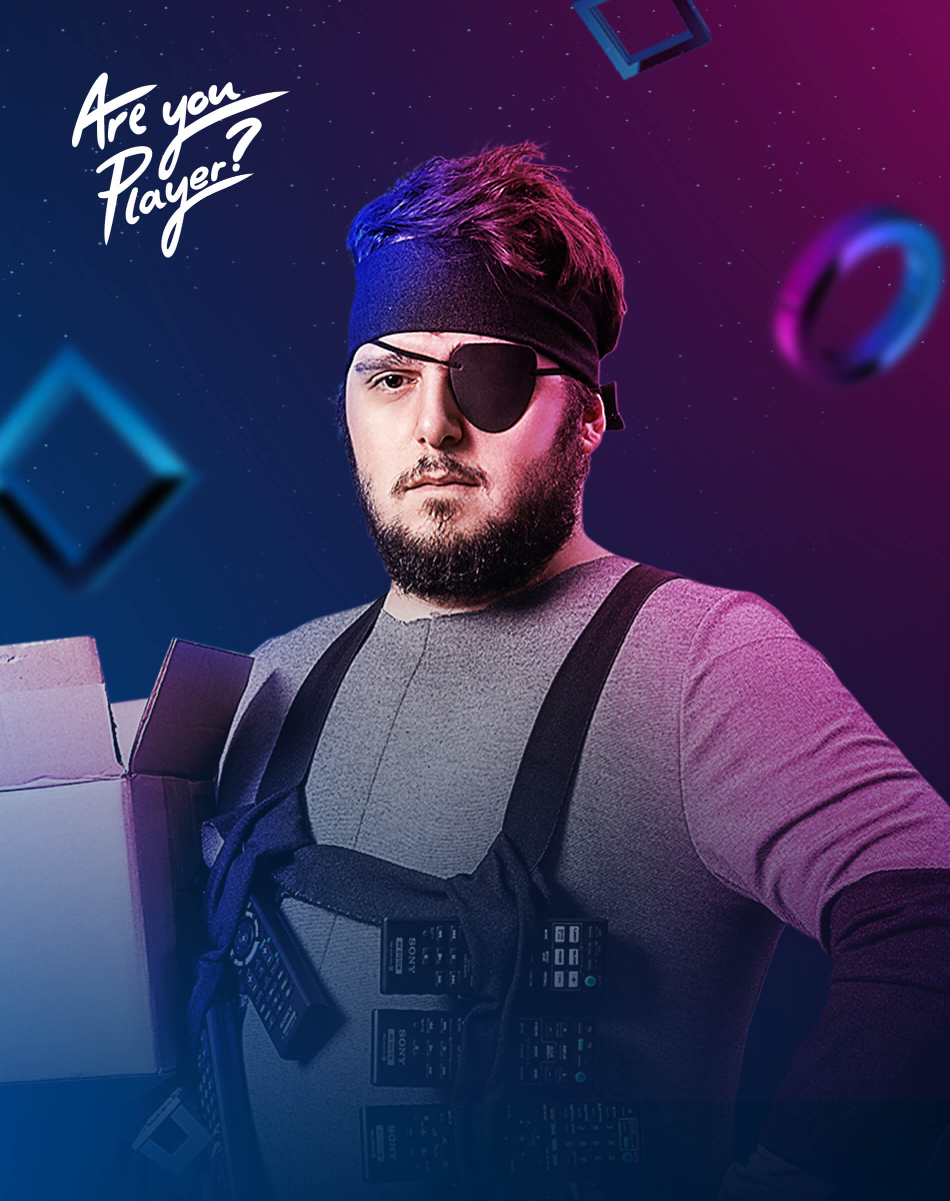 PlayStation – Are You Player? character reveal screen with humorous gamer wearing eyepatch and remote controls; neon PlayStation icons background; designed by Burak Canpolat.