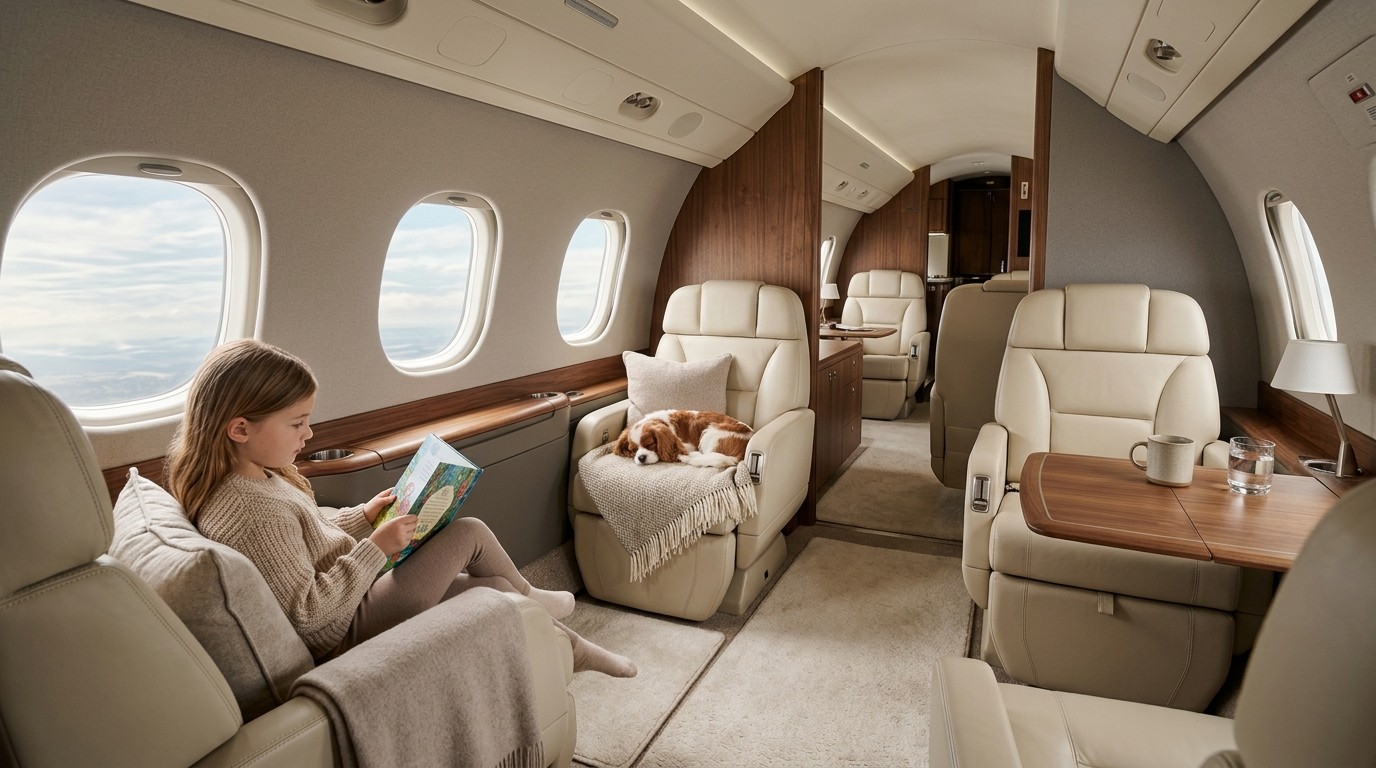 Spacious and comfortable private jet cabin interior designed for family travel