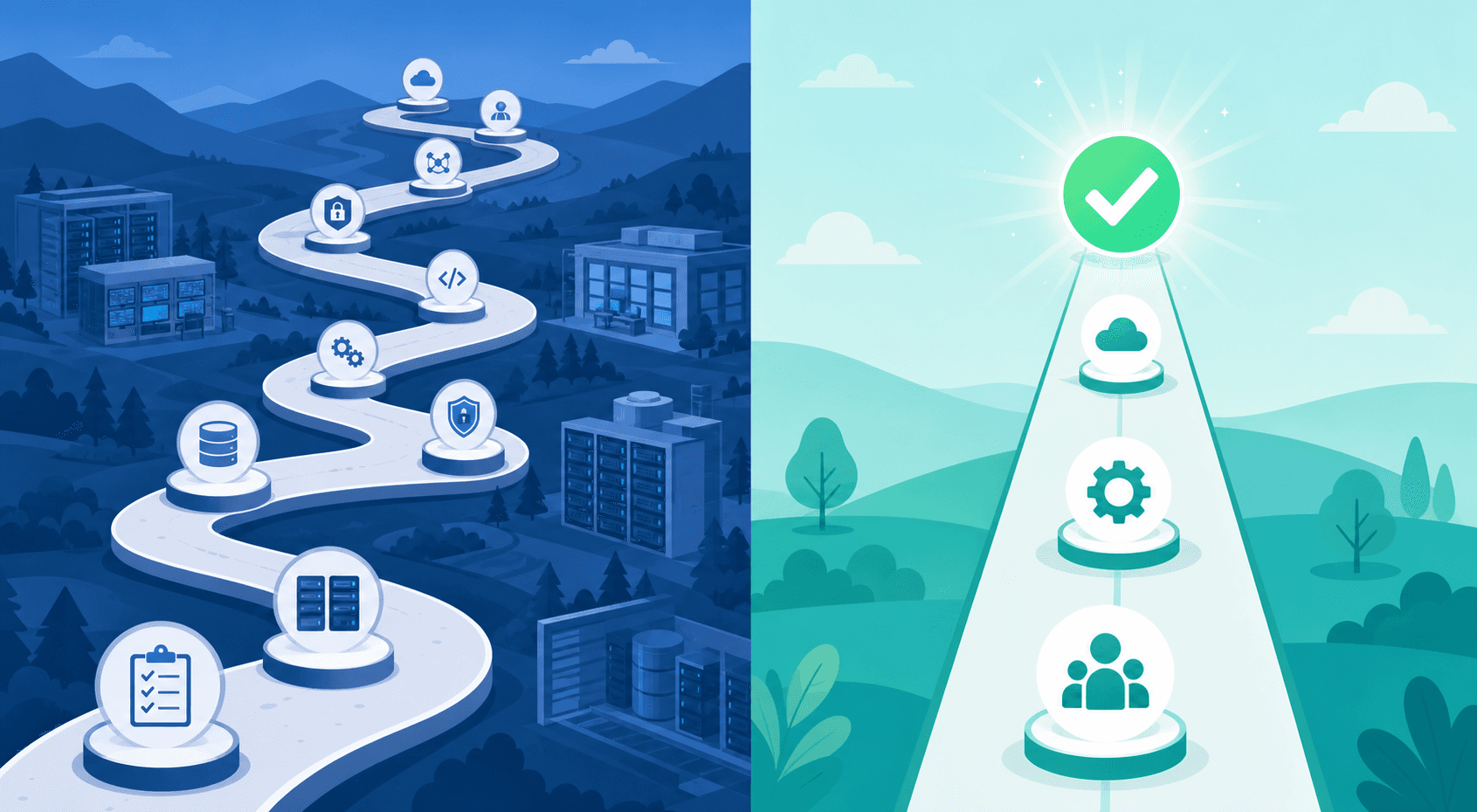 A split-scene illustration showing two contrasting deployment timelines: on the left, a long winding road with many milestones stretching across months, representing a complex multi-step enterprise setup journey with servers, data centers, and configuration stages; on the right, a short straight path with just a few steps leading quickly to a glowing green checkmark, representing rapid go-live in days. Clean flat design, blue and teal color palette, no text or labels anywhere in the image.