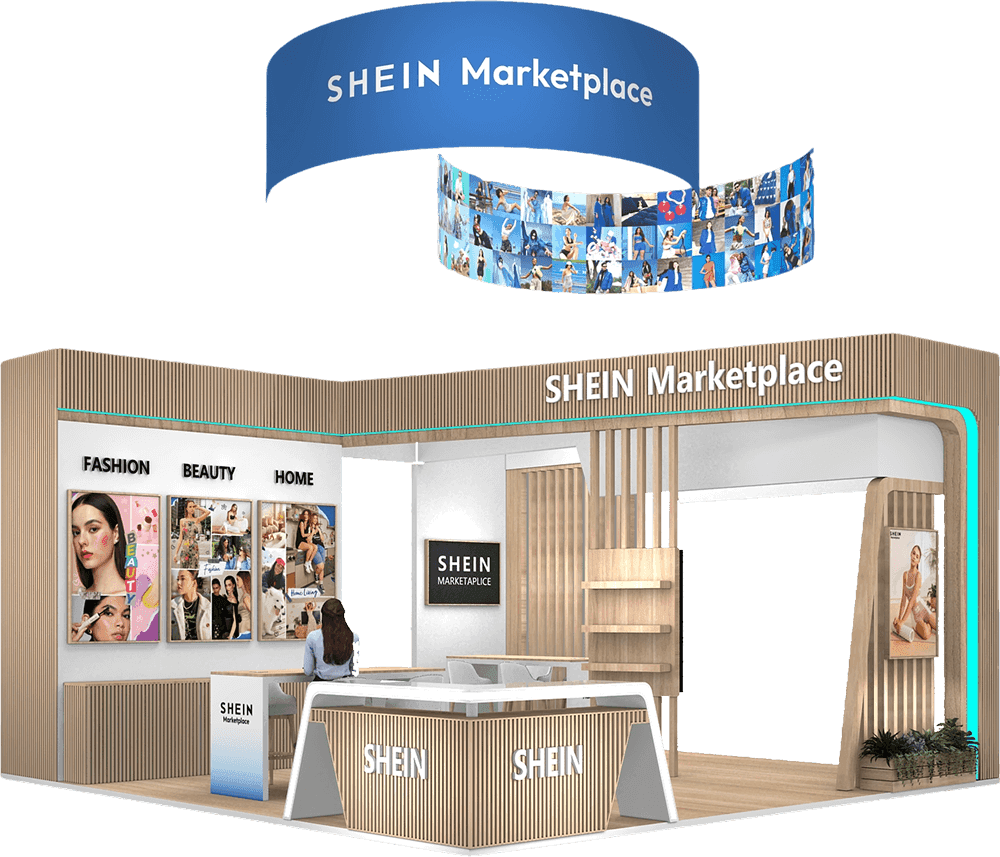 Modern custom trade show booth design for SHEIN Marketplace, featuring a wooden slat structure, suspended curved LED banner, and immersive retail display zones for Fashion, Beauty, and Home.