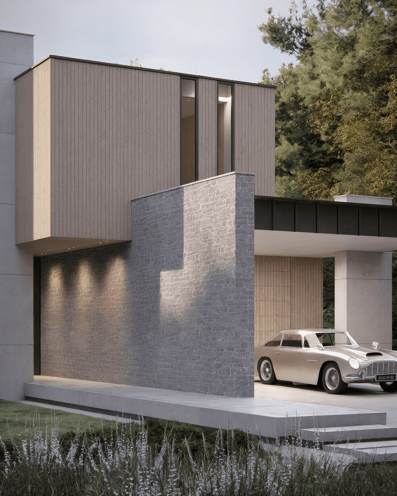 Voorgevel van moderne villa Grayhouse ontworpen door Bespoke Design Studio