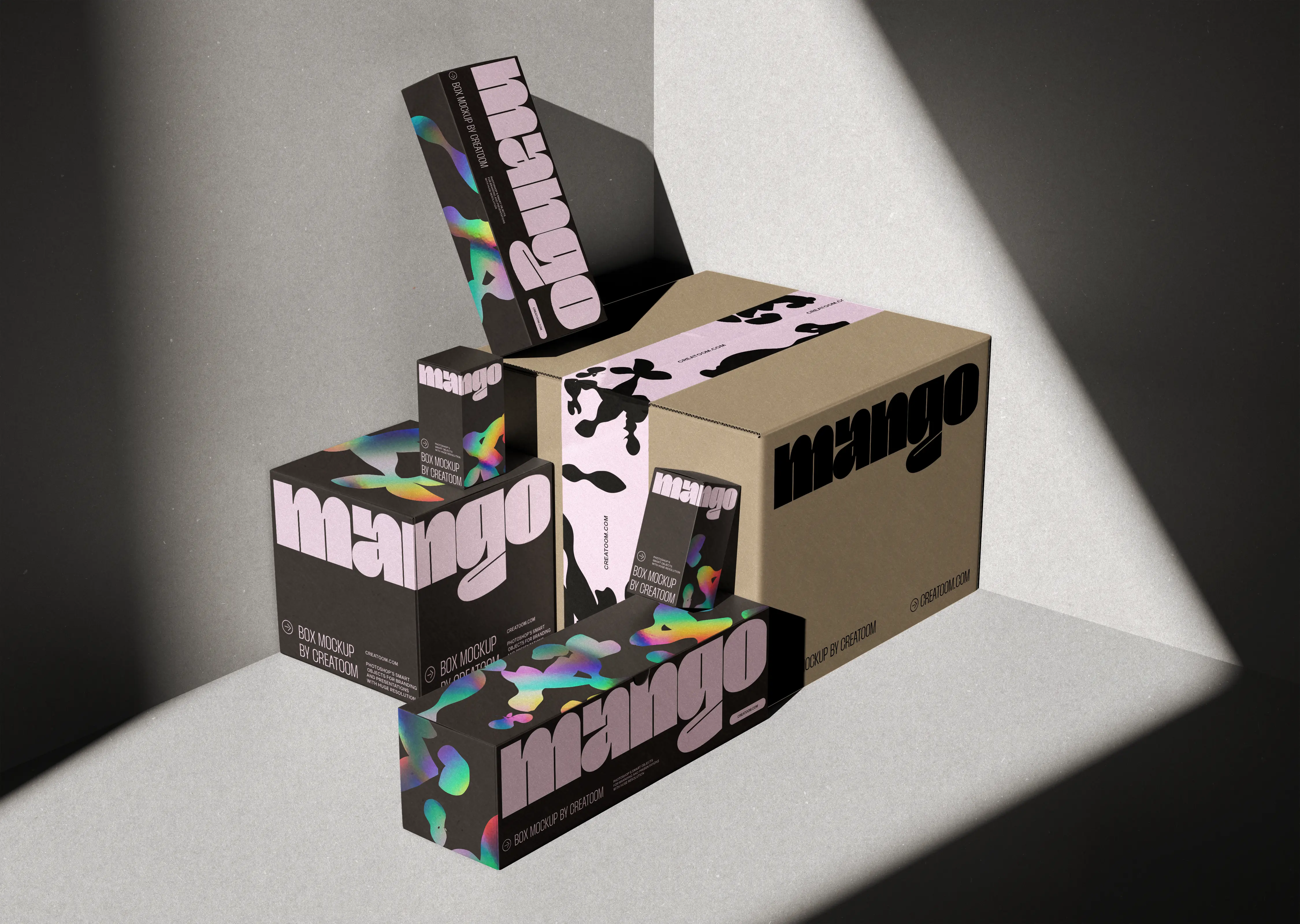 Stack of black, holographic and kraft takeaway boxes with a bold wordmark