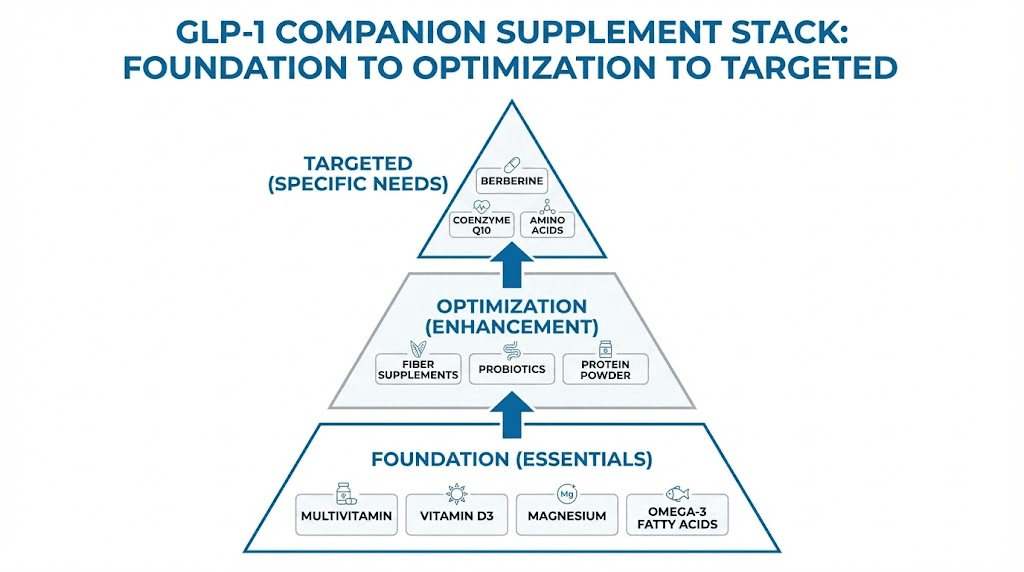 GLP-1 companion supplement stack pyramid showing foundation, optimization, and targeted tiers