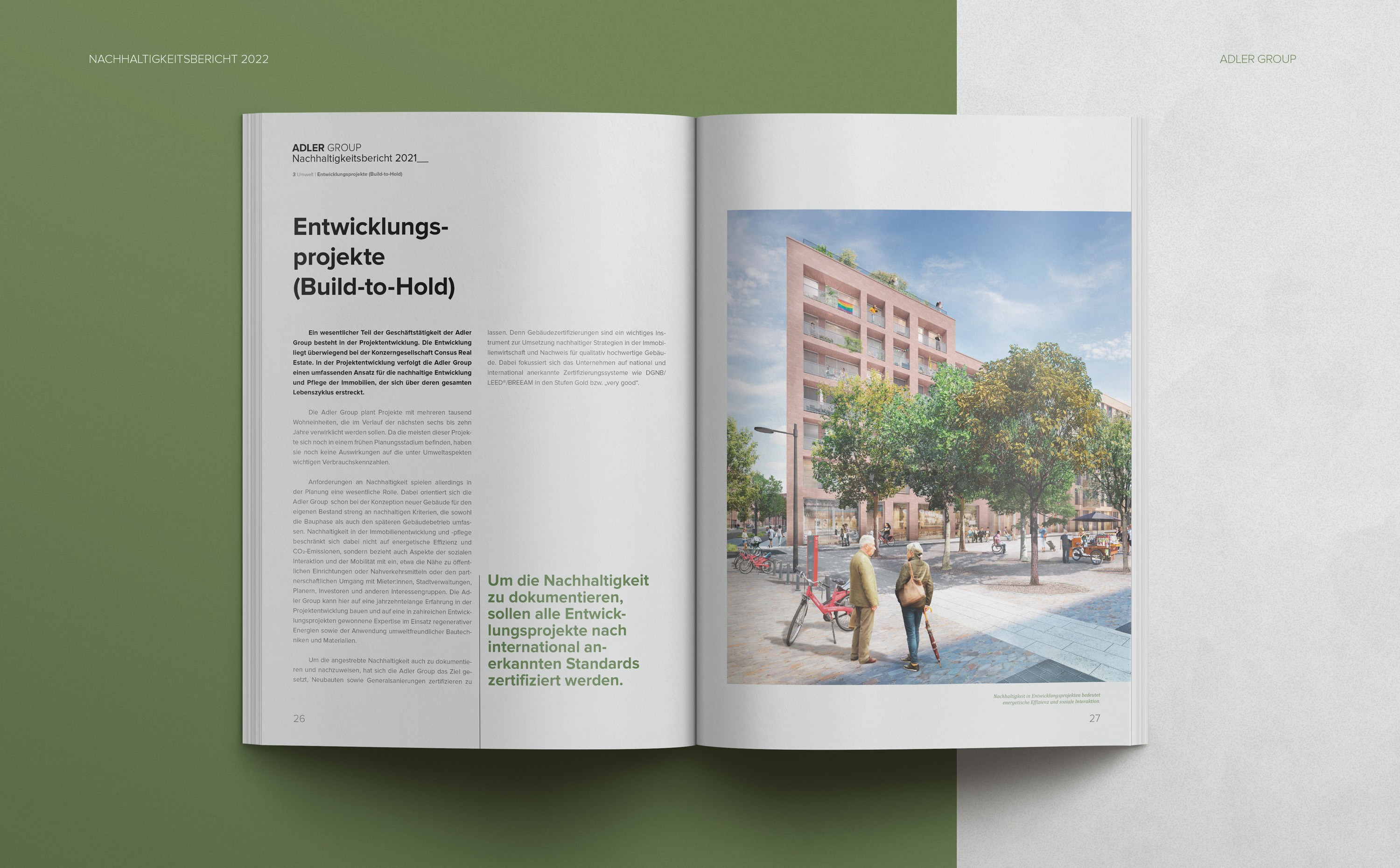 Editorial Design für den Sustainability Report der Adler Group – klare Gestaltung mit präziser Typografie und strukturierter Bildsprache