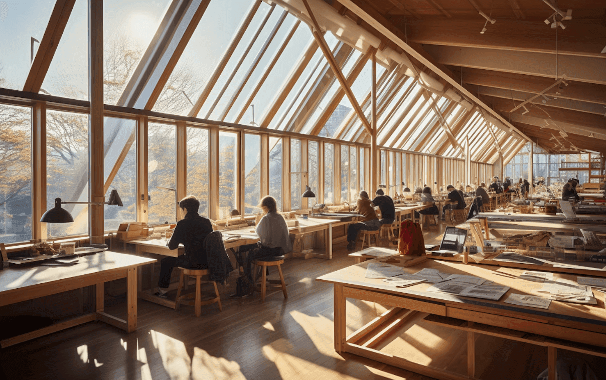 Sunlit studio workspace with a wooden A-frame glass roof, people working at drafting tables, and a scenic mountain view