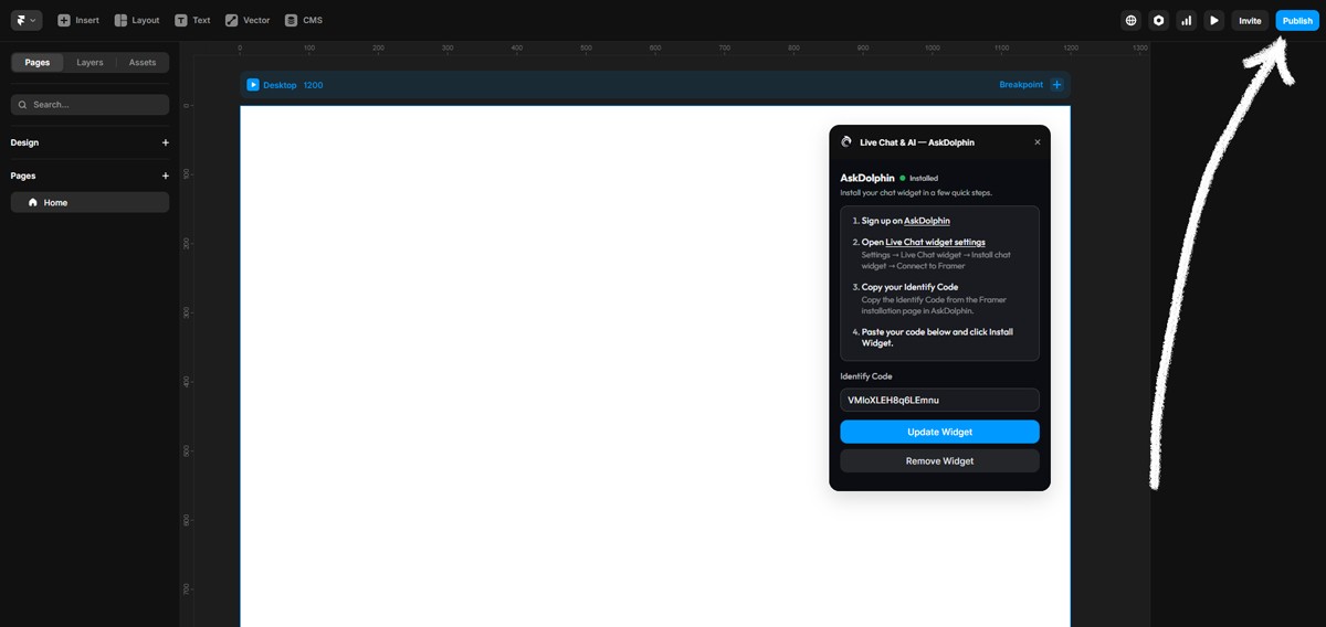 Framer editor interface showing publish button to make AskDolphin chat widget live