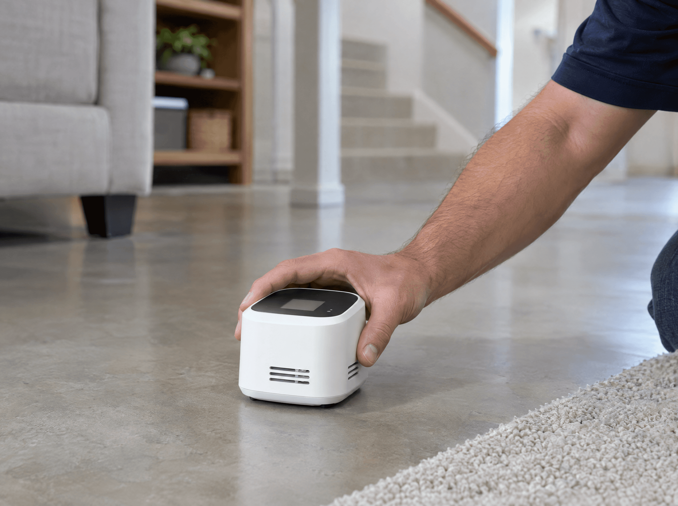 Continuous radon monitor placed on a basement floor