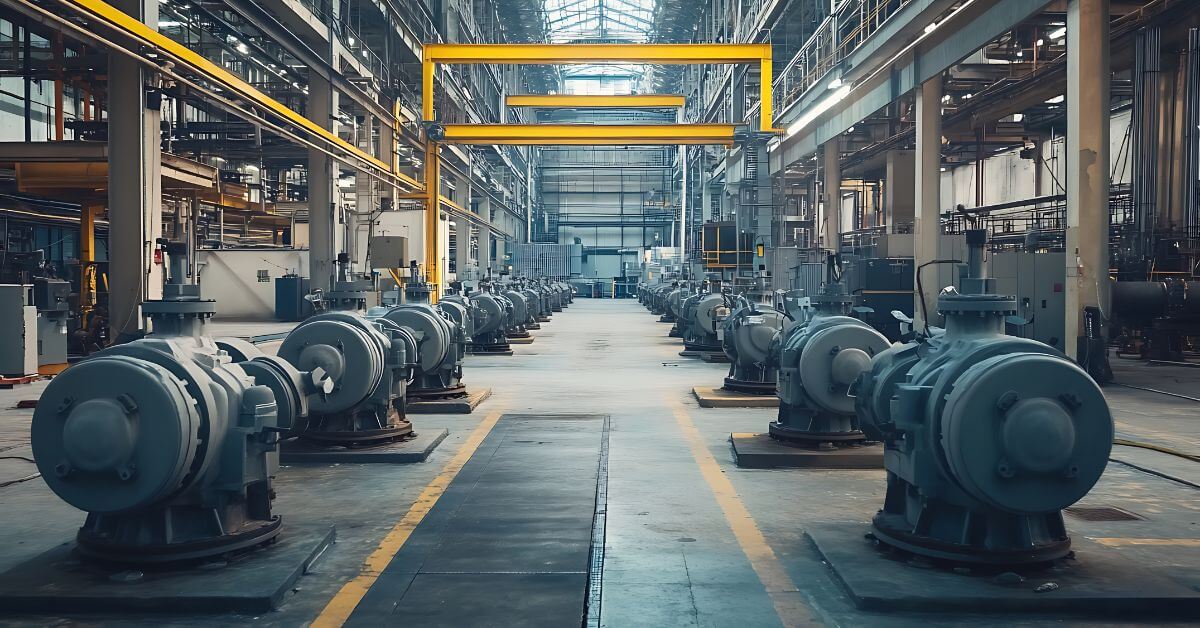 A large industrial manufacturing facility with rows of heavy-duty machinery and pumps lined up symmetrically on either side of a wide central walkway, featuring overhead yellow gantry cranes and high ceilings with metal beams and skylights.