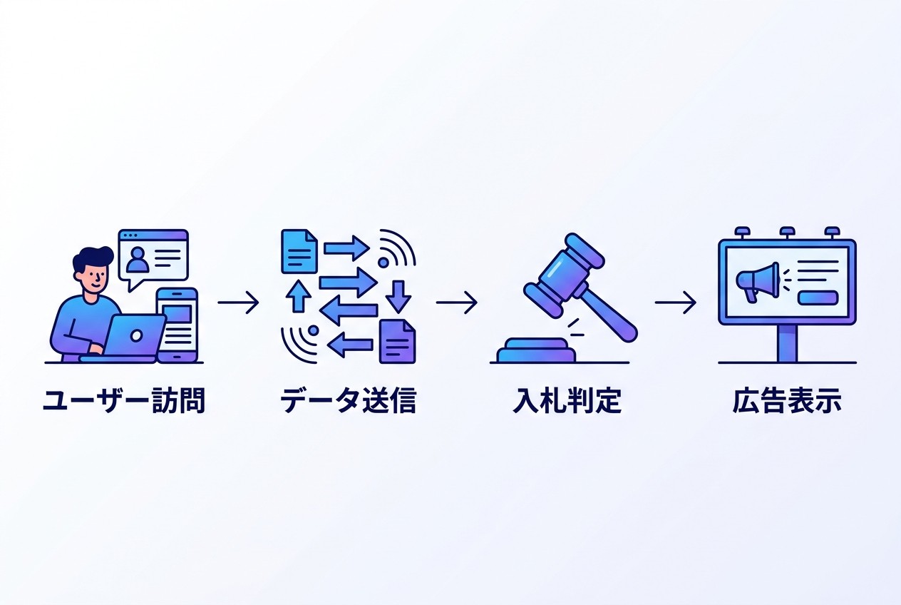 DSP広告のリアルタイム配信プロセス。ユーザーのページ訪問から広告表示まで平均100〜200ミリ秒で完了し、1日数十億回のオークションが実行される。