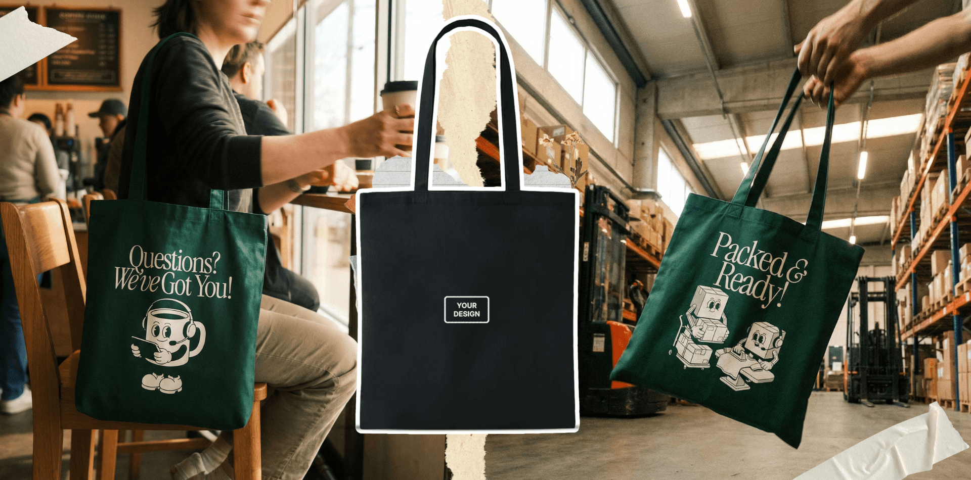 Custom green and black tote bags with printed designs shown in café and warehouse settings for everyday branded merchandise use.