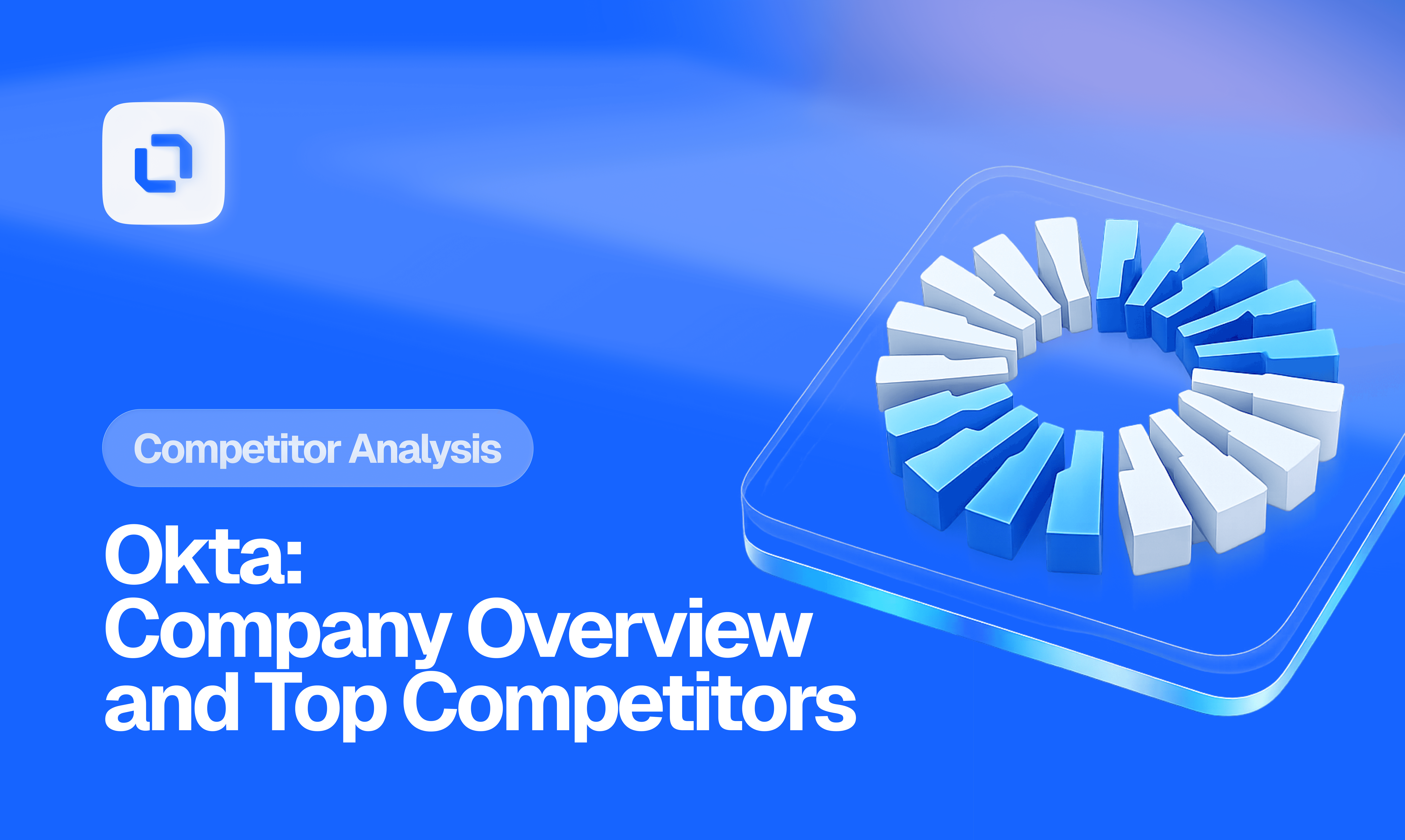 Blue-themed graphic with text "Okta: Company Overview and Top Competitors." Features Okta's logo and a small Outspy logo above the title.