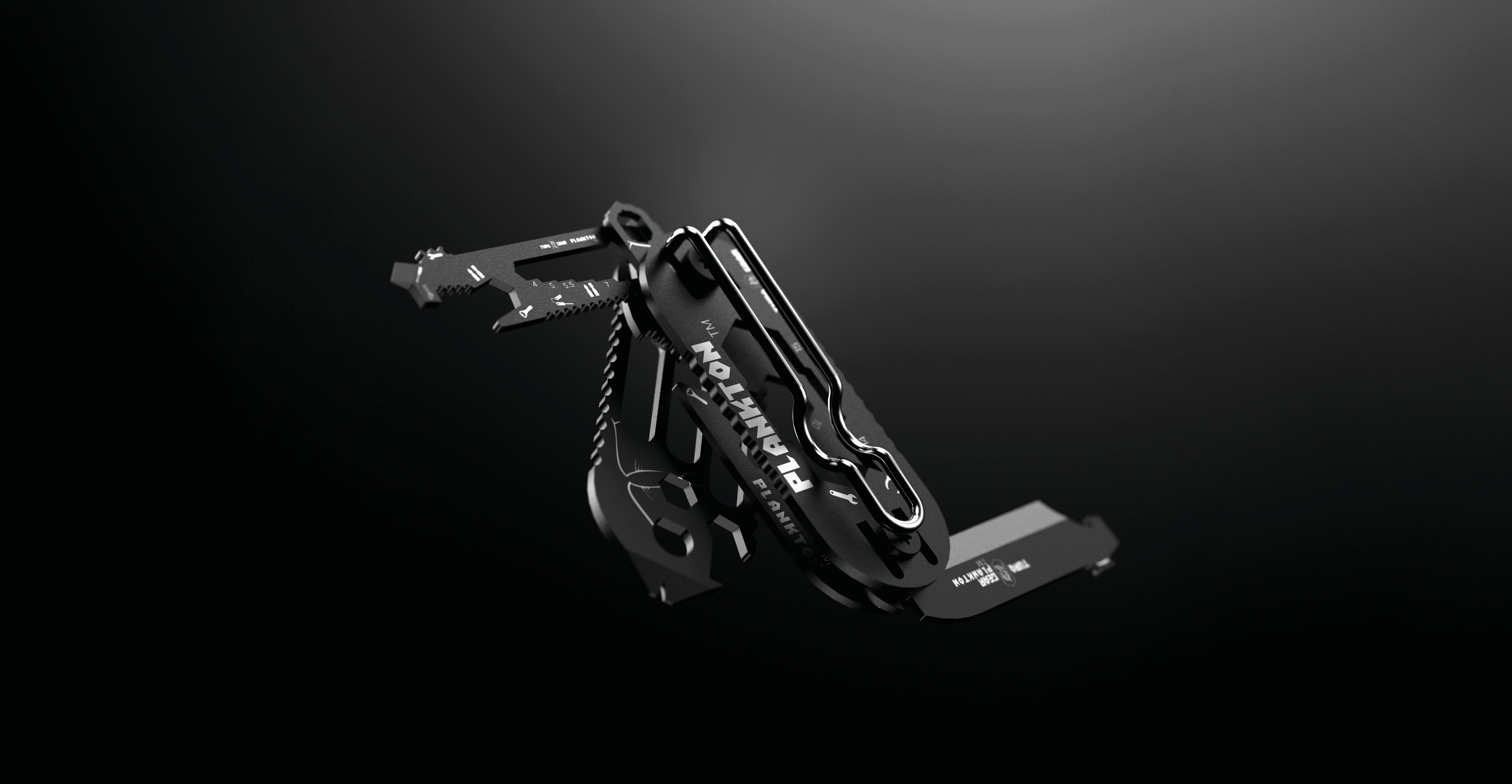 "Cinematic dark-mode render of the black Turq Gear 'Plankton' multi-tool floating in space. Highlights the sleek, stealth aesthetic and precision engineering of the tool's components, emphasizing the brand's modern and sophisticated visual identity."