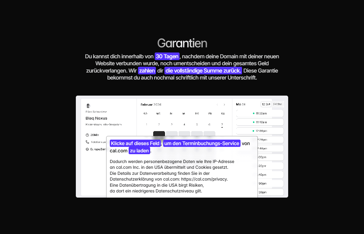 ein Bild von einer Website-Sektion, in der die Überschrift "Garantien", ein body-text und ein buchungsfenster zu sehen sind