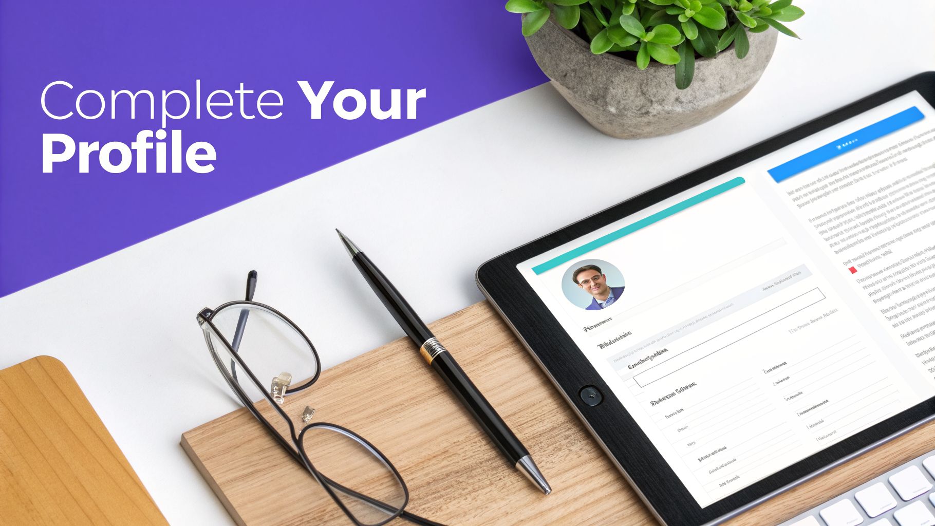 A tablet displaying a 'Complete Your Profile' screen on a desk with glasses, pen, and a plant.