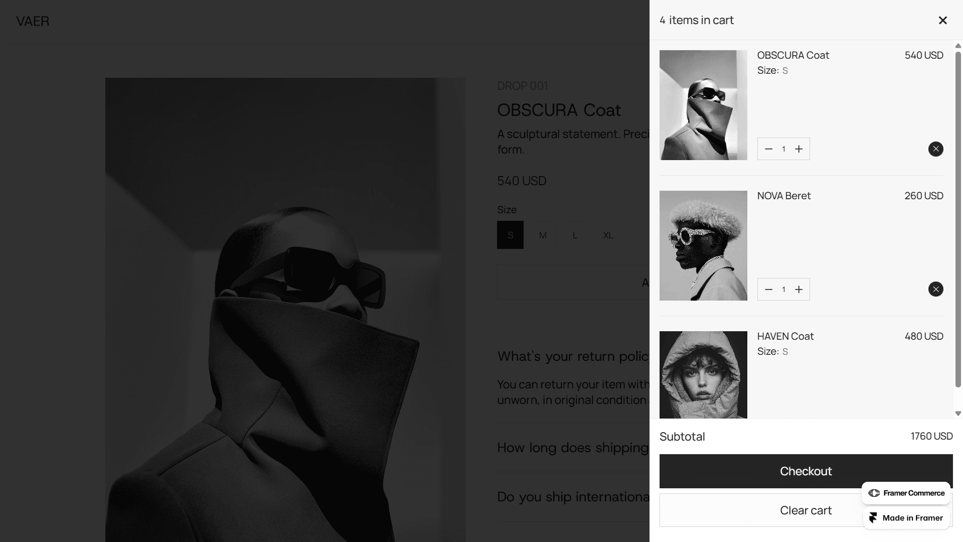 A slide-out shopping cart drawer on the right side of the screen. It lists four items including the OBSCURA Coat and NOVA Beret, showing a subtotal of $1760 and a prominent checkout button.