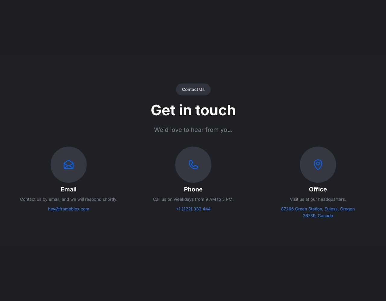 Framer Dark Contact Section - Frameblox UI