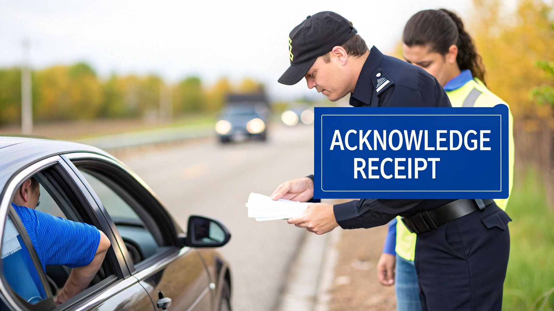 A police officer hands papers to a driver during a roadside stop, with 'ACKNOWLEDGE RECEIPT' displayed.