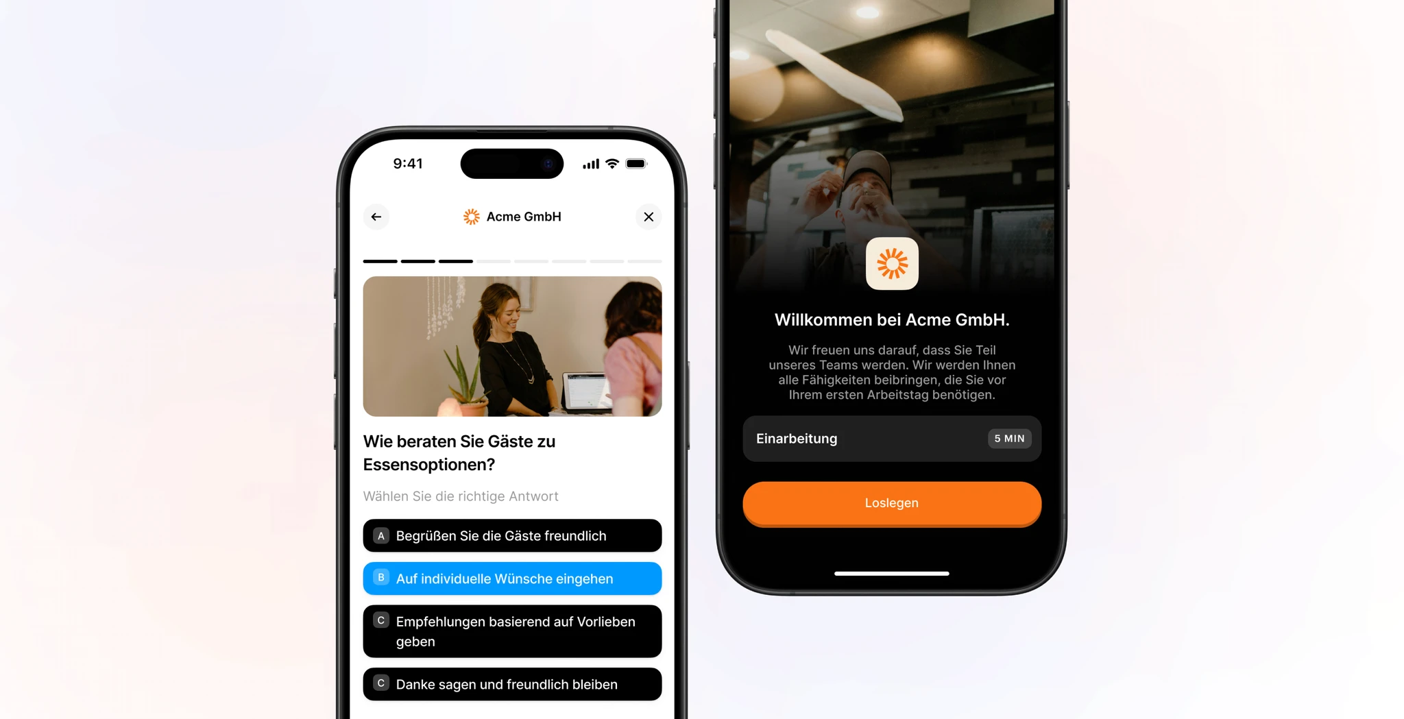 A smartphone screen showcases a mobile-friendly Burger King app with wrapped burgers in the background. The text welcomes users, offering multilingual team joining information. A "Get Started" button is at the bottom for streamlined training access.