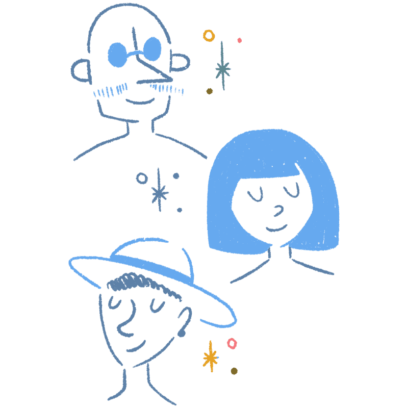 Illustration of three stylized figures, two with hats and one with short hair, set against a teal background with small colorful stars.
