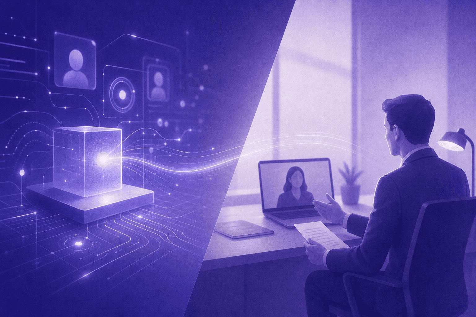 A split-screen concept illustration showing two sides of a modern sales development workflow. On the left, a glowing digital AI interface with abstract circuit patterns, data streams, and real-time activity indicators representing instant automated responses at any hour. On the right, a professional human salesperson at a sleek desk reviewing documents and engaging thoughtfully with a prospect. The two sides are connected by a smooth gradient bridge symbolizing collaboration. Clean, modern, corporate aesthetic with blue and white tones on the AI side and warm neutral tones on the human side. No text, no words, no labels.