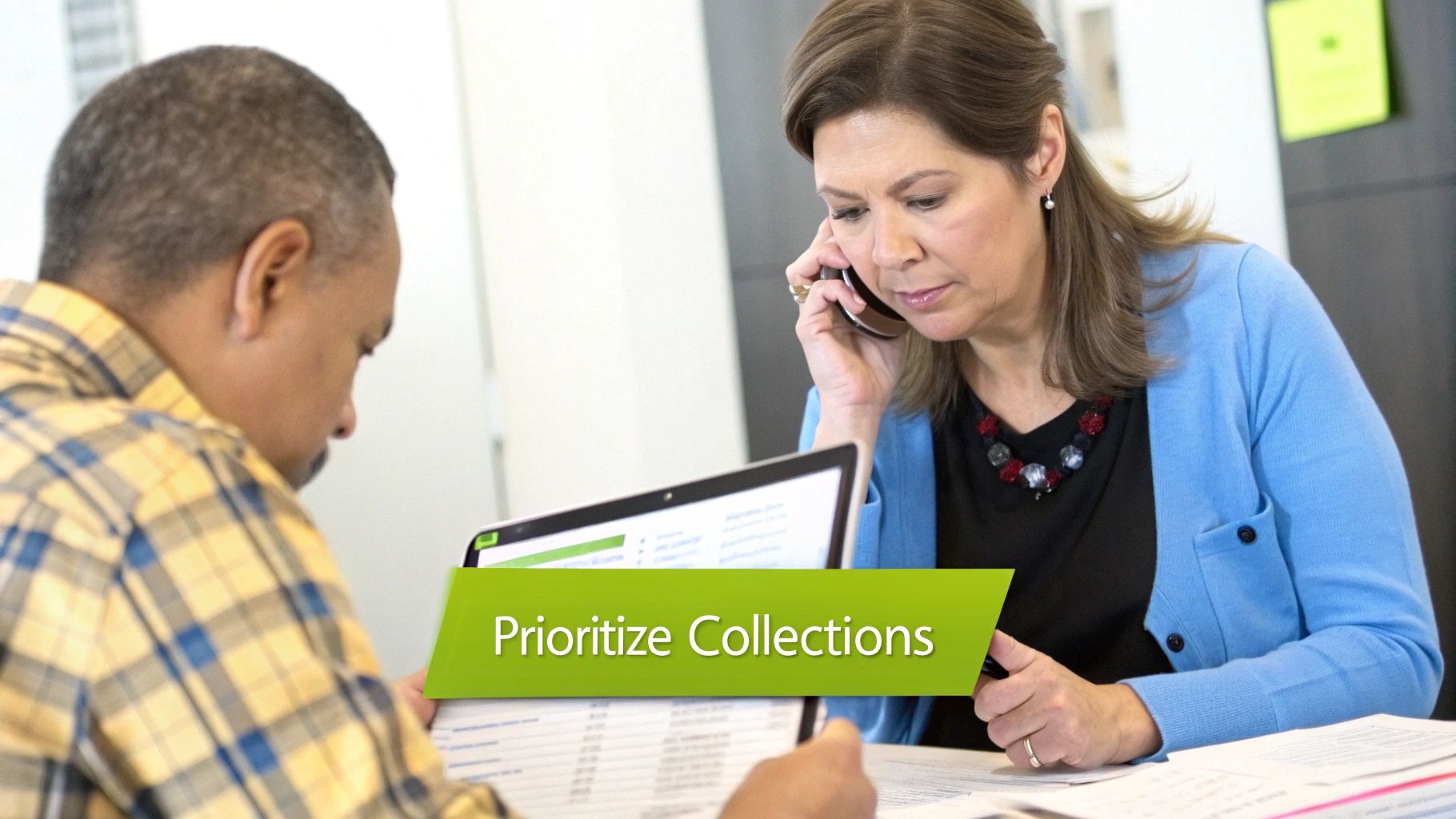 A woman on the phone and a man review documents, with “Prioritize Collections” text.