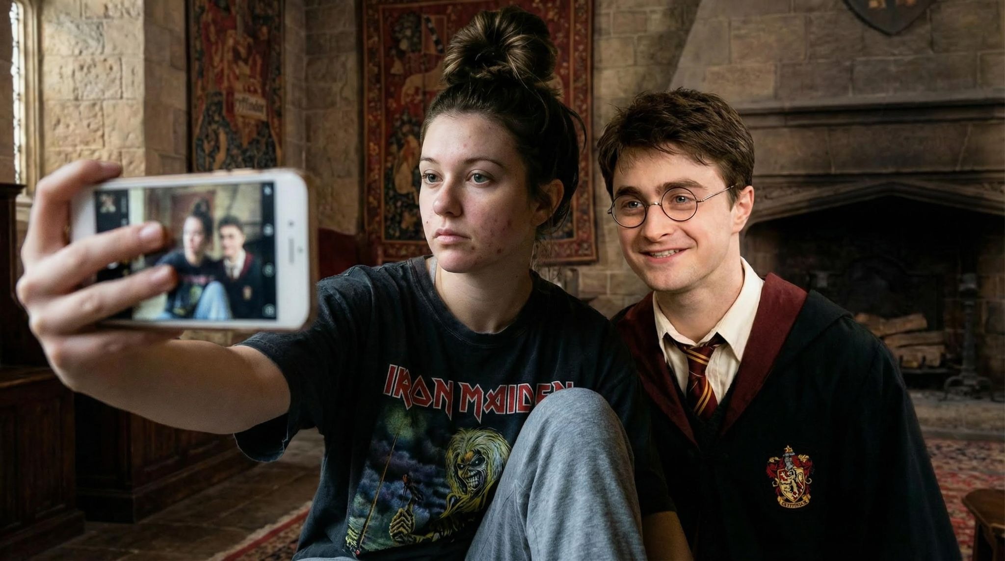 I’m taking a selfie with [movie character] on the set of [movie name]. Keep the person exactly as shown in the reference image with 100% identical facial features, bone structure, skin tone, facial expression, pose, and appearance. 1:1 aspect ratio, 4K detail.