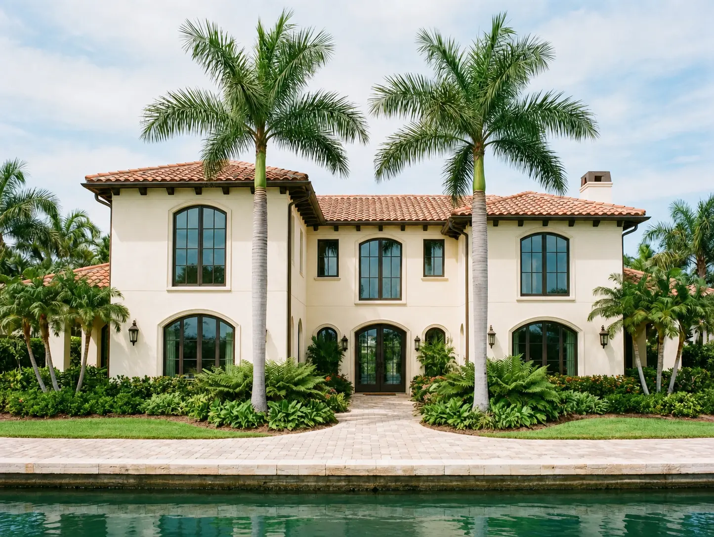 Mediterranean-style waterfront estate with cream stucco exterior, terracotta tile roof, arched windows and entryway, framed by tall palm trees and lush tropical landscaping
