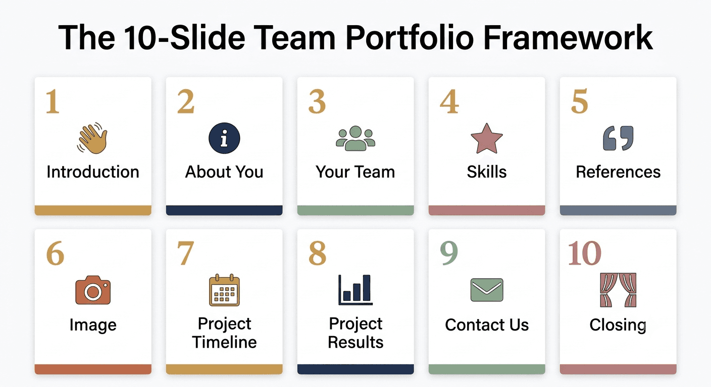  Infographic grid showing the 10-slide team portfolio framework from introduction to closing.
