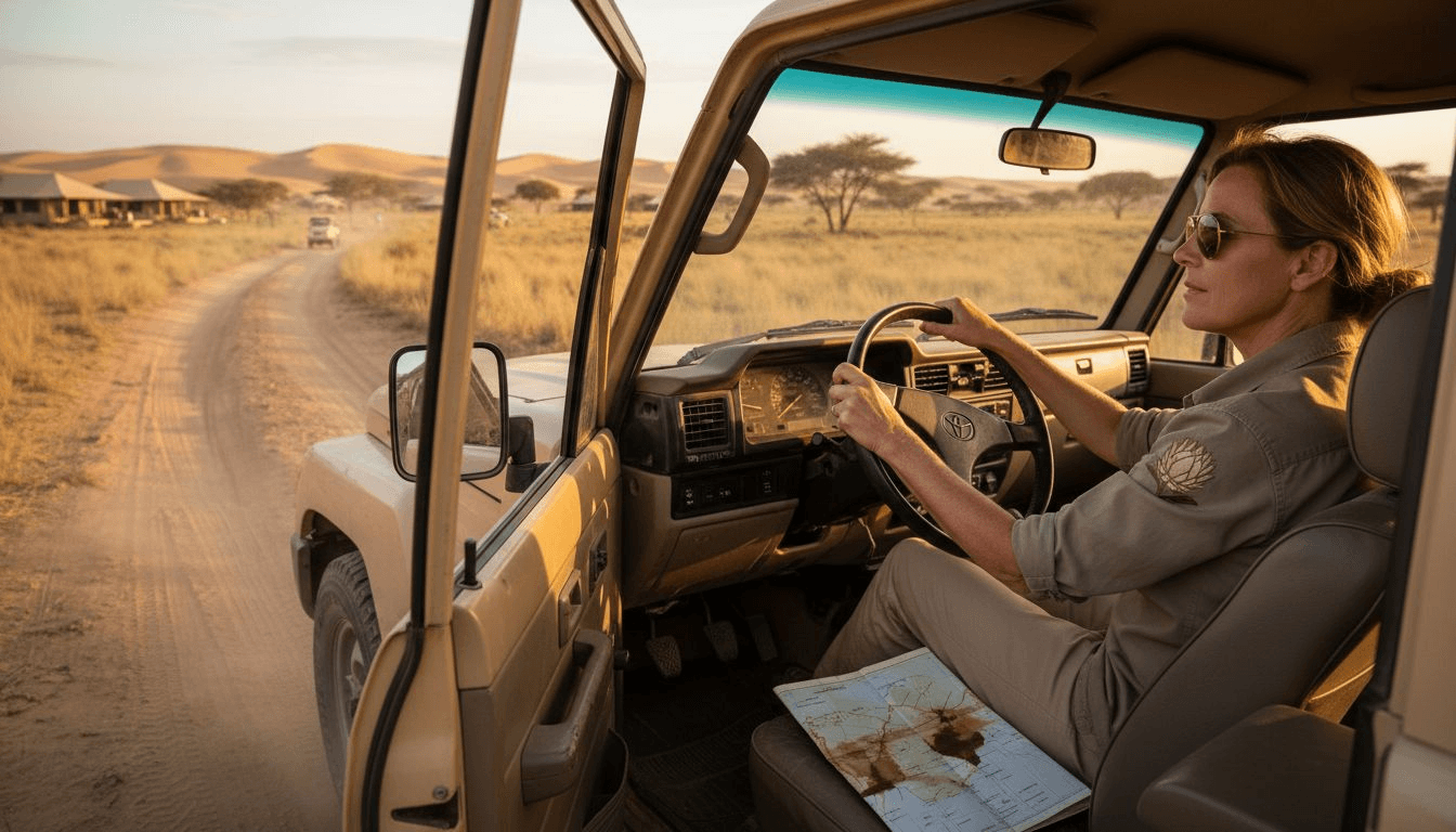 Traveler driving luxury safari jeep