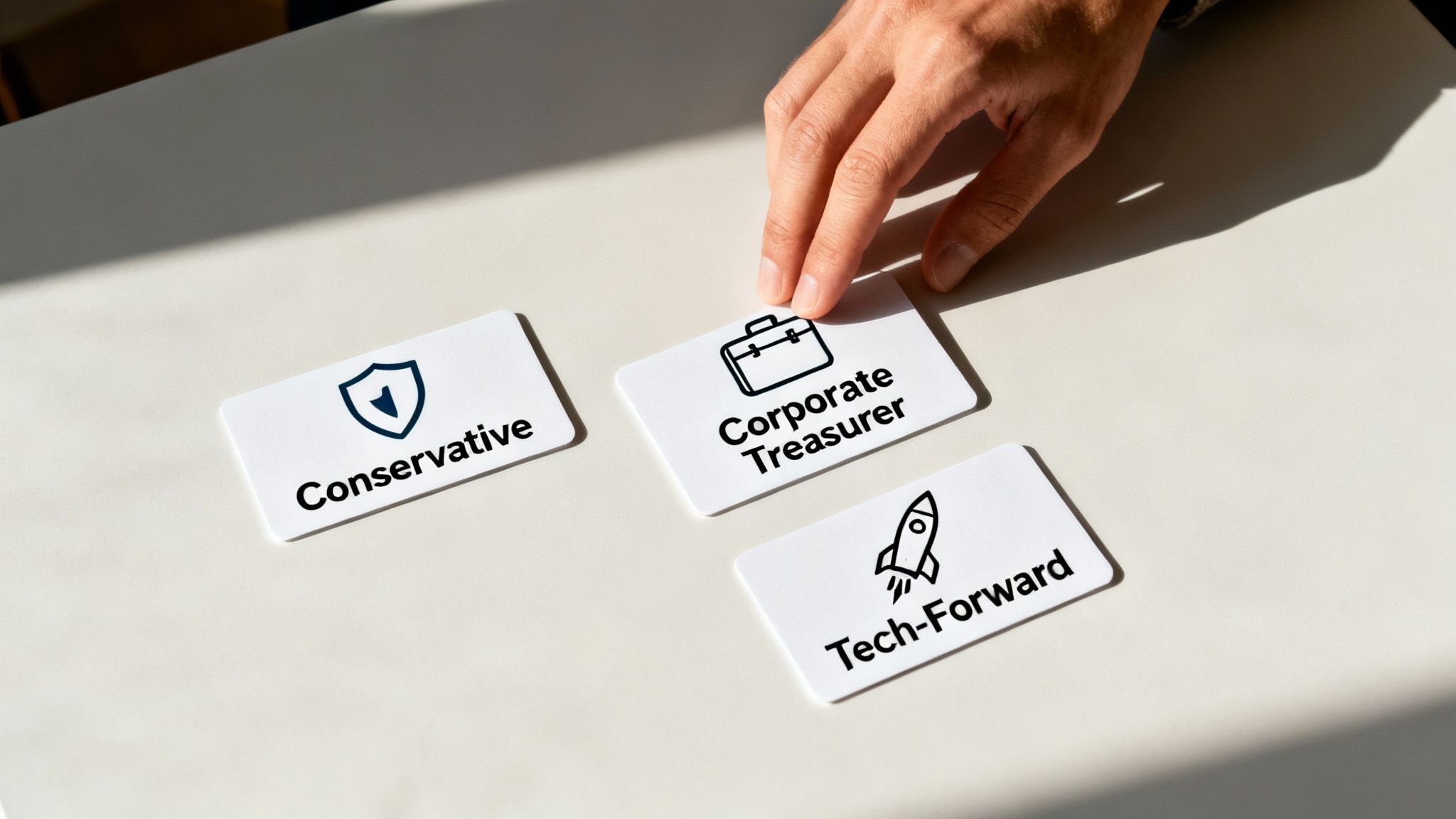 A hand places a 'Corporate Treasurer' card among 'Conservative' and 'Tech-Forward' options.