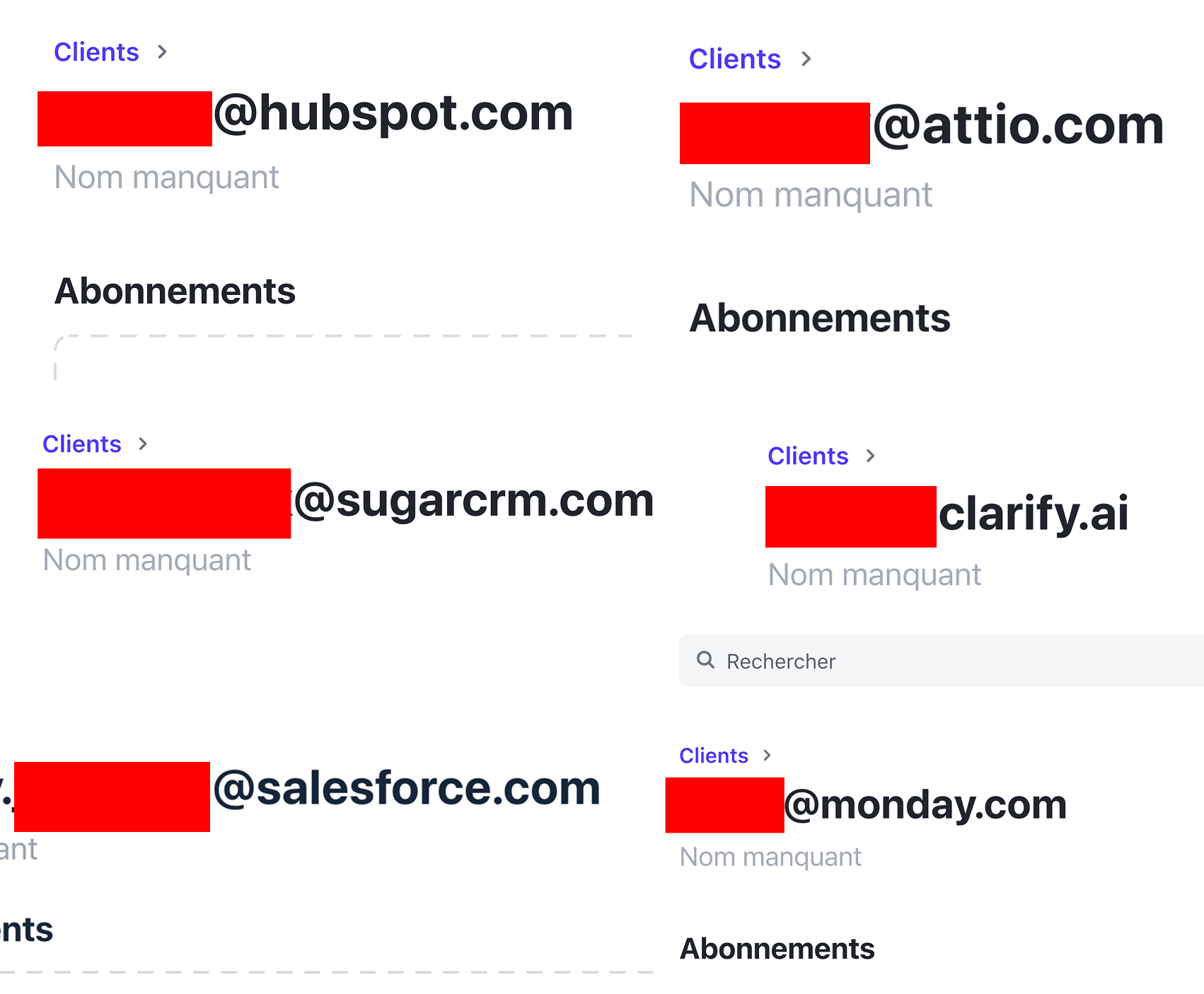 Breakcold customer list showing employees from HubSpot, Attio, SugarCRM, Clarify, Salesforce and Monday all paying for Breakcold
