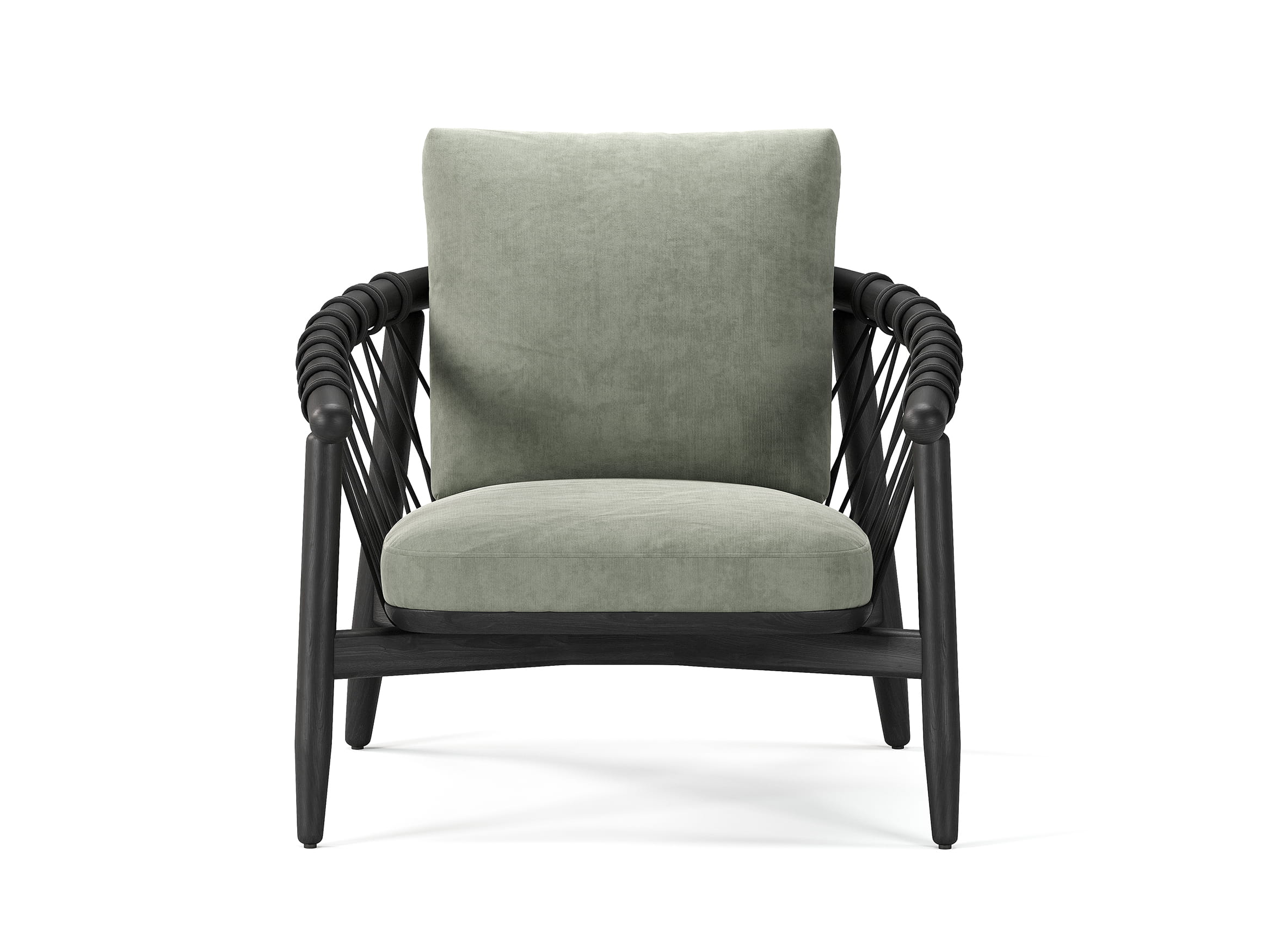 Front view 3D render of armchair with rope-style frame and upholstered seat cushion