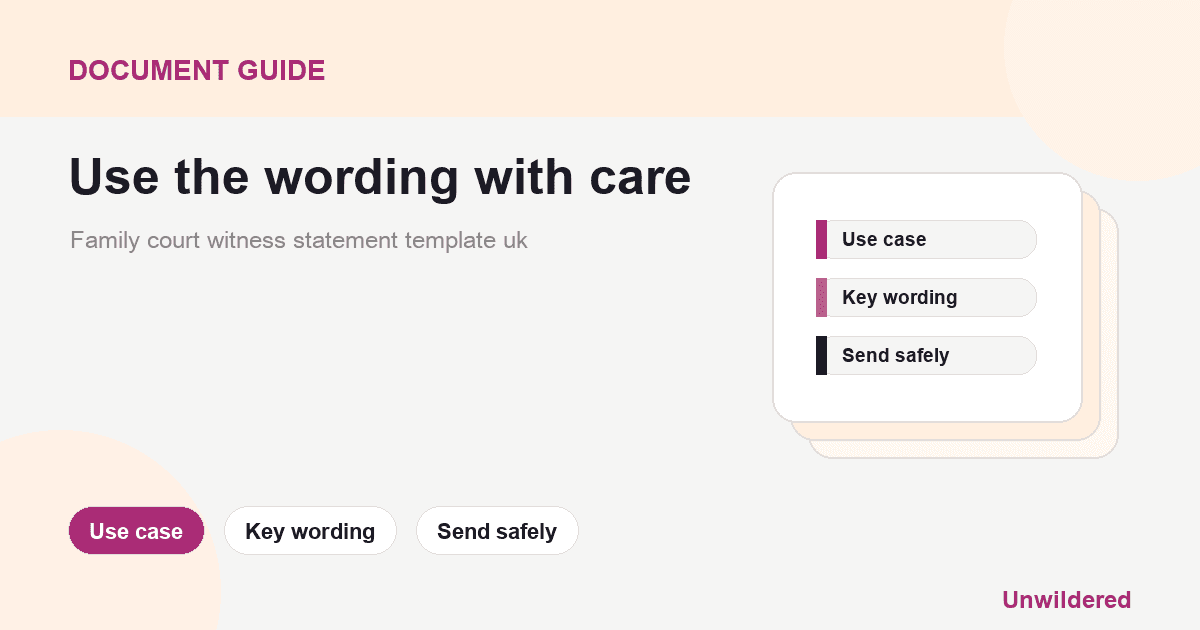 Explainer card for Family court witness statement template uk: structure, example, and tips: Use case, Key wording, Send safely.