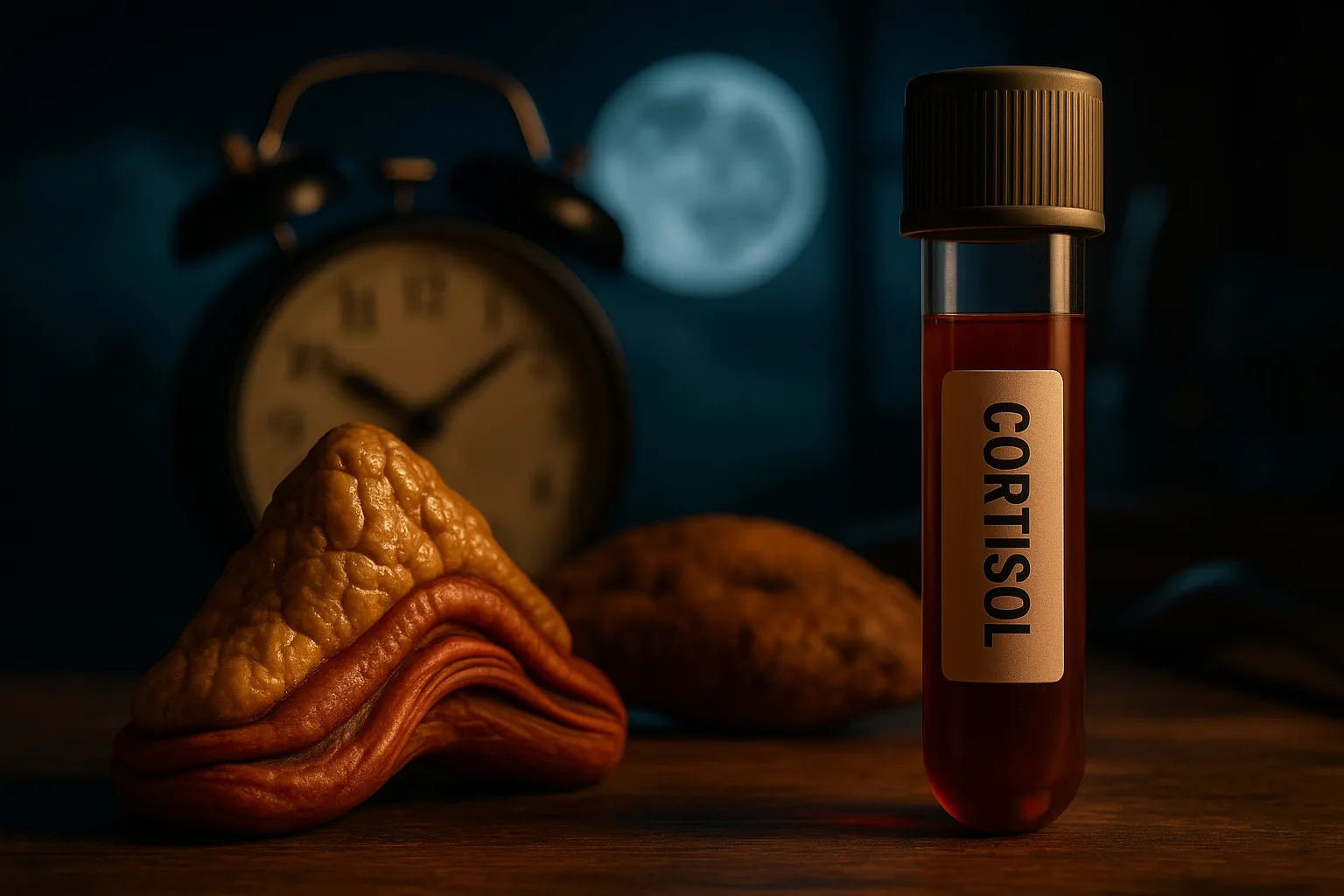 Cortisol blood test tube with adrenal gland model and clock at night.