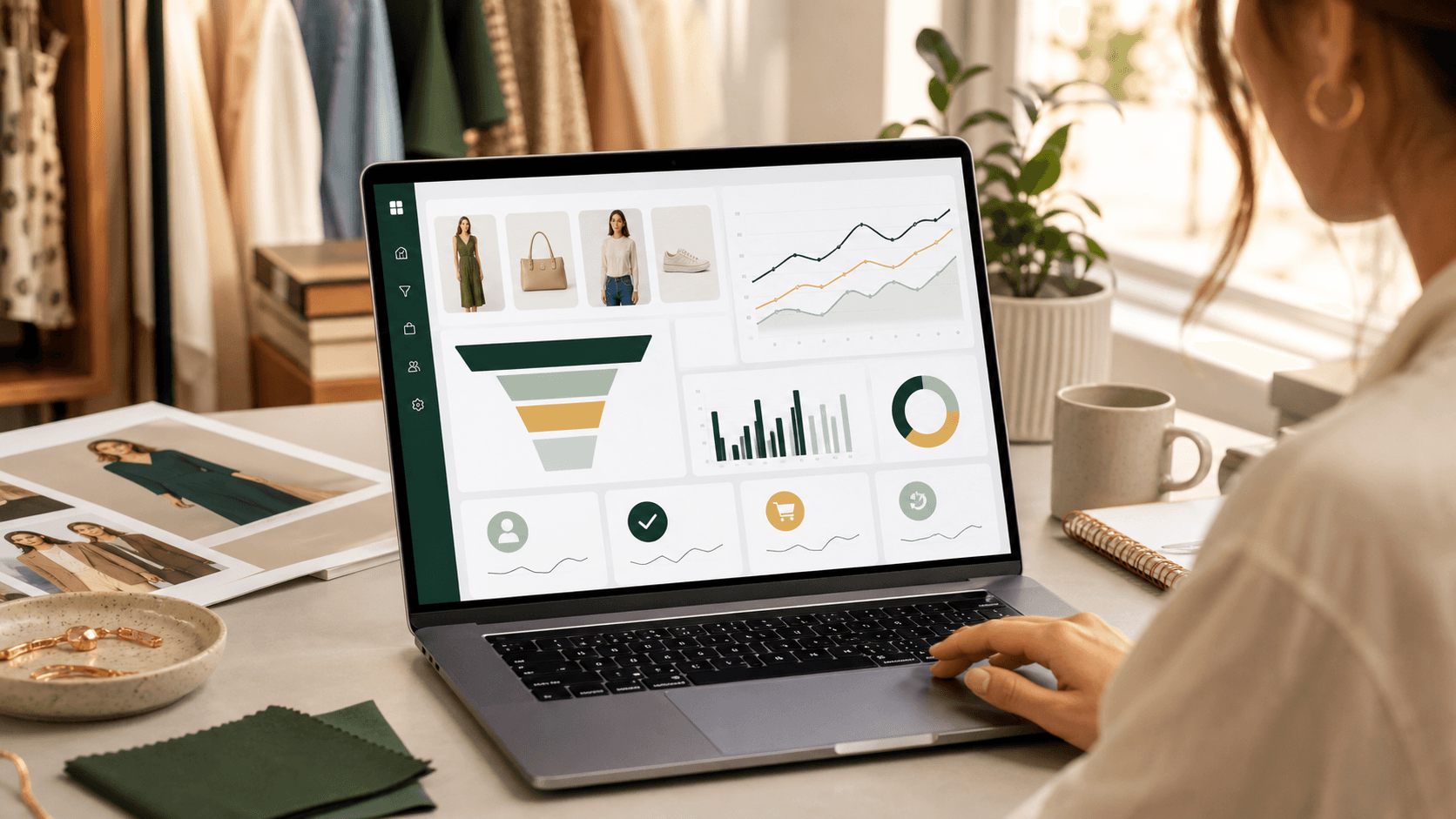 Shopify merchant reviewing virtual try-on analytics on a laptop dashboard