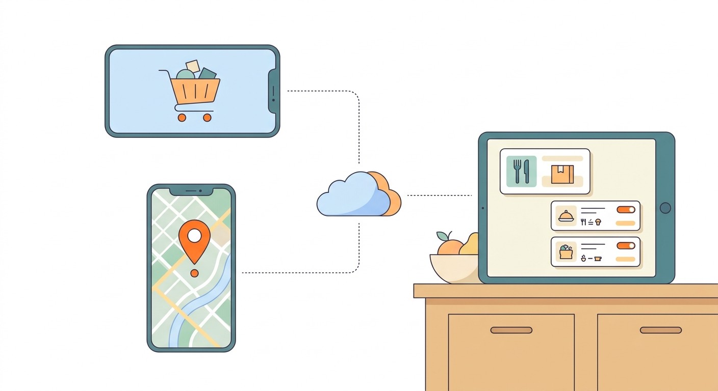 Illustration of how to create a delivery app with a customer phone, a courier phone, and a store tablet connected to one backend