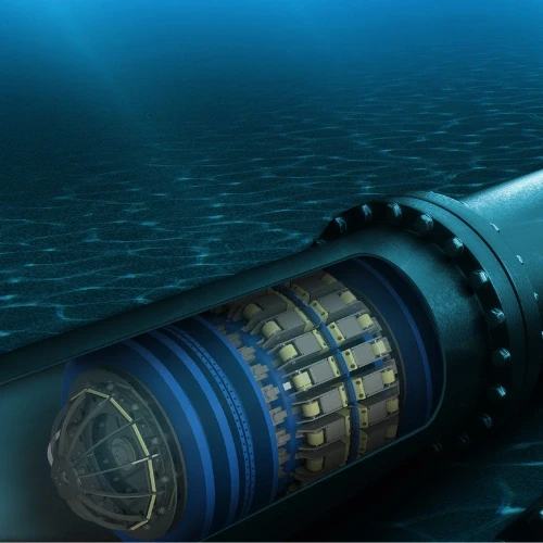 Illustration of a submersible robotic device inspecting a pipe underwater. Detailed view of the internal components.