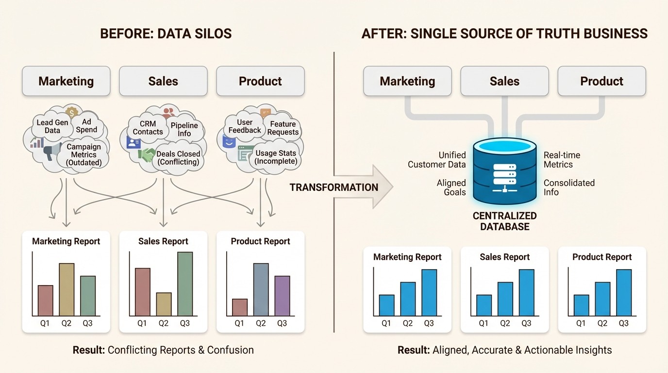 An infographic comparing data silos with a single source of truth business model, showing how unified data leads to aligned reporting.