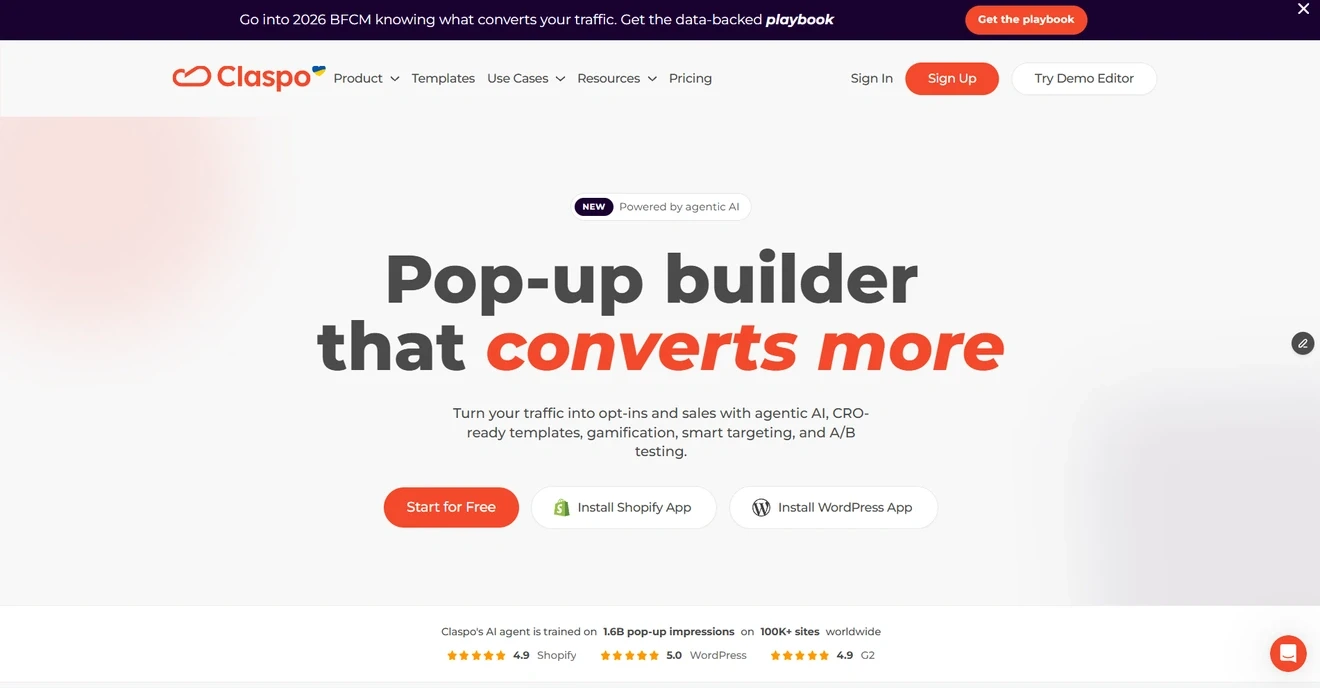 Claspo popup builder homepage with agentic AI and CRO-focused popup tools