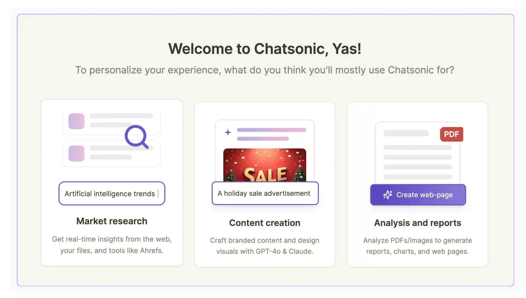 ChatSonic AI review - first page with options