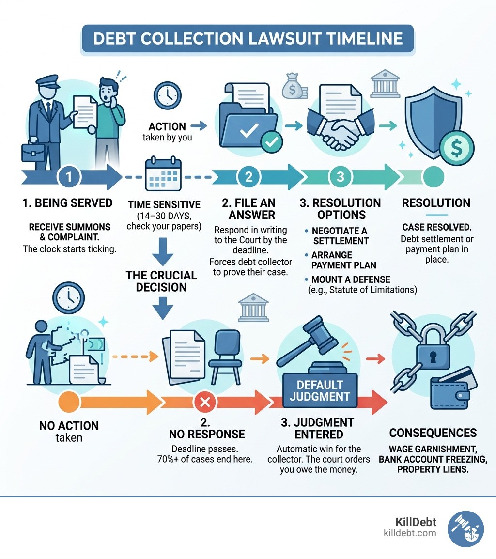 Debt collection lawsuit timeline from service to default judgment or resolution - debt collector suing me advice infographic 