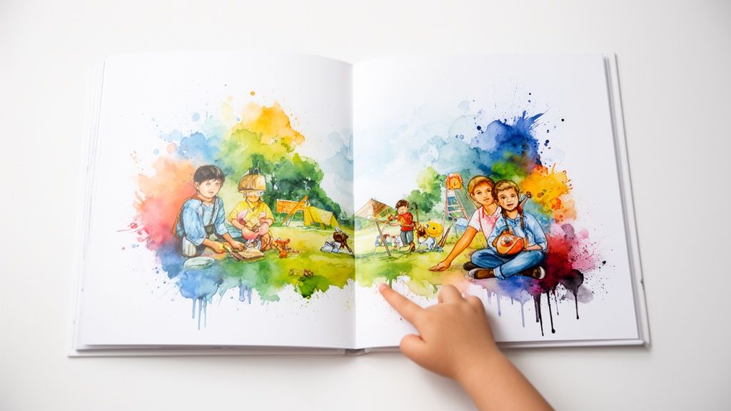 An open storybook displays vibrant watercolor illustrations of children engaging in outdoor activities, with a child's hand pointing.