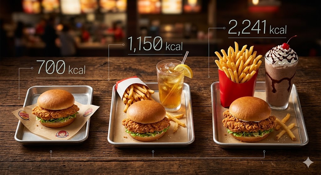 An infographic-style image on a wooden counter showing three fast-food meal trays in a restaurant. From left to right: a chicken sandwich (700 kcal), a sandwich with fries and iced tea (1,150 kcal), and a large meal with sandwich, large fries, and chocolate milkshake (2,241 kcal). Calorie labels are linked by thin lines above each meal set.