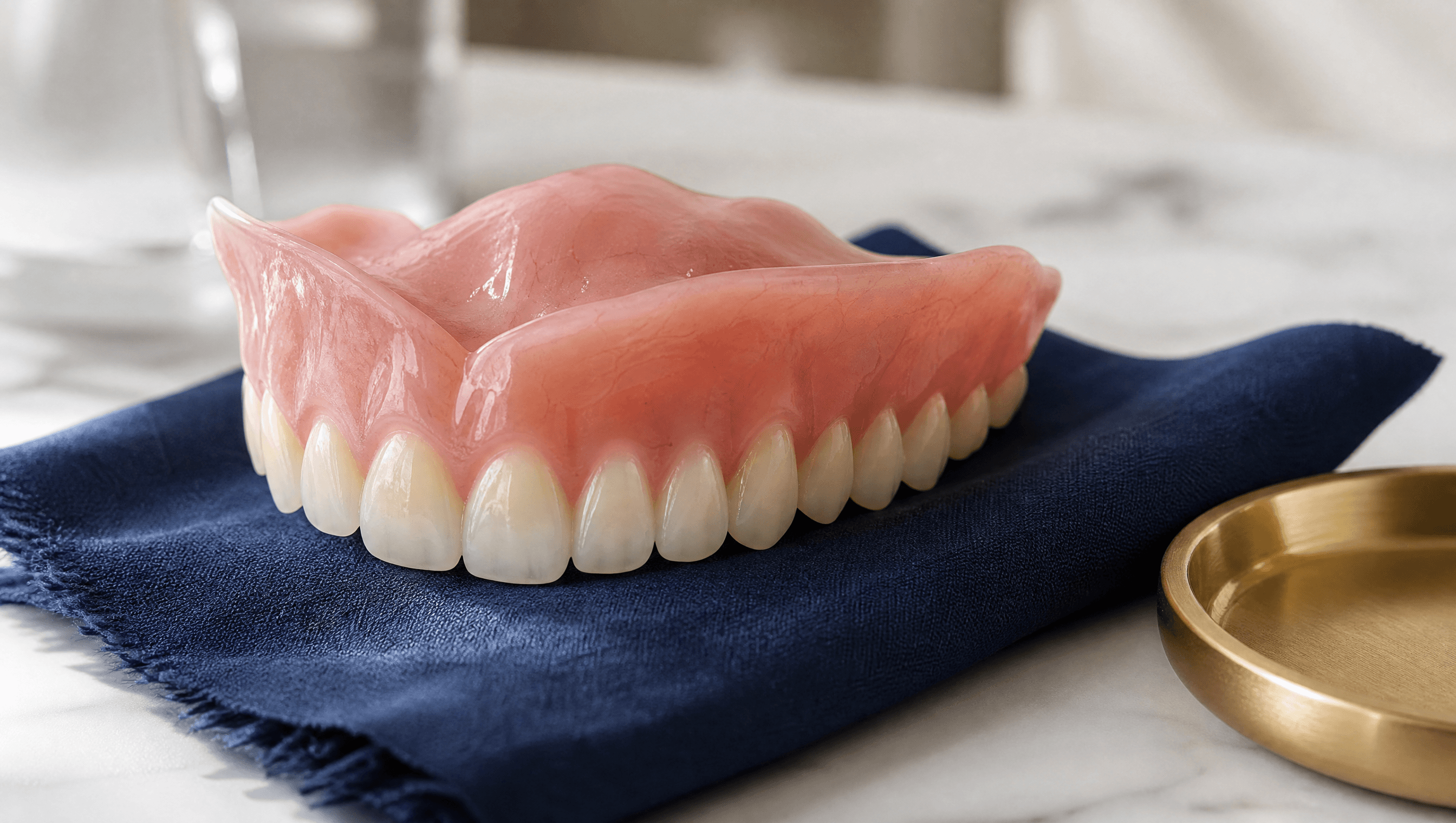 A premium full upper denture on a navy cloth with a gold tray on a marble surface