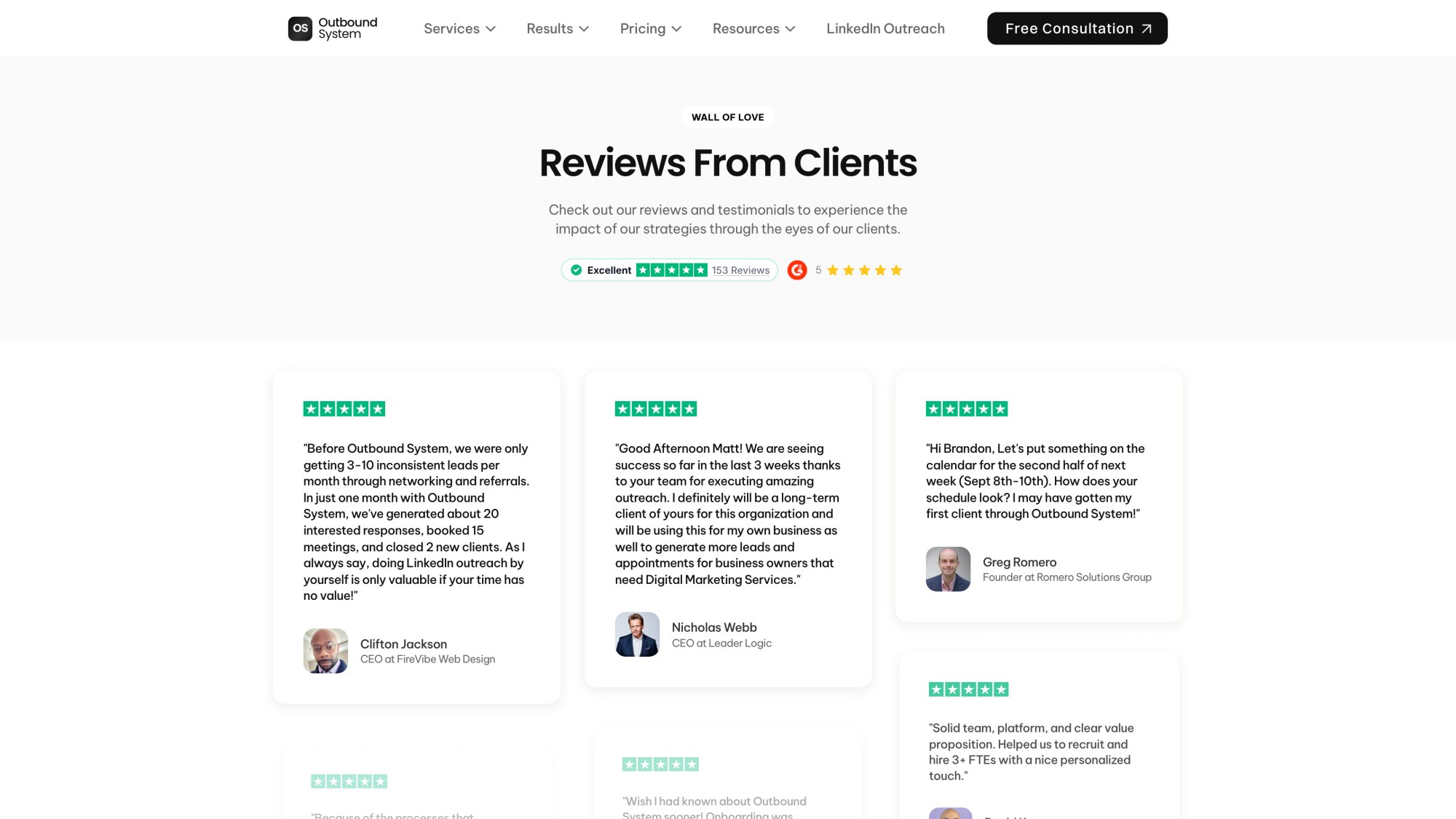 Outbound System client testimonials showing 150+ five-star reviews from B2B companies