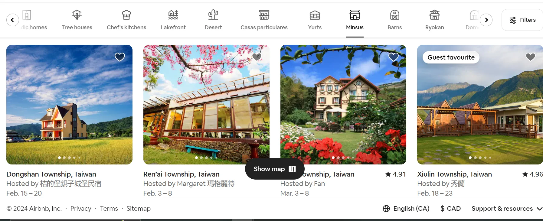 Categories of airbnb on the website